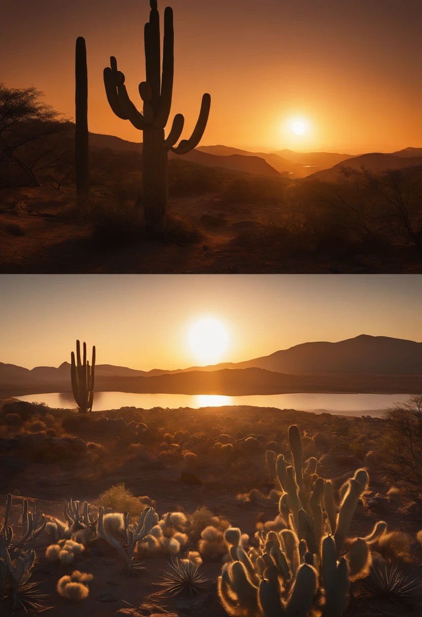 3D IMAGE BRAZILIAN NORTHEAST HISTORY, INTENSE SUMMER, SCORING SUN, CAATINGA VEGETATION, CACTUS, BONES OF DEAD ANIMALS, CARCASSES, VERY DRY. SUN LIGHT. 8K HIGH RESOLUTION. Majestic, Dark Paradise, Golden Hour, street level view, Octane rendering, 100mm, Print, rainbow colors, abstract, glow in the dark lighting, High quality