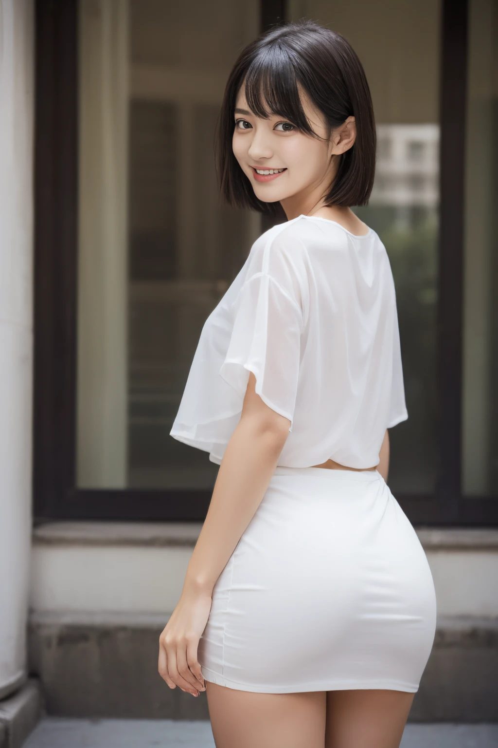 (((boyish、Very short cut、Worn white shirt、Manly look)))、(realisitic、Photorealsitic、ultra-detailliert、Highest Details Skins、top-quality、​masterpiece、超A high resolution)、A Japanese Lady、、hi-school girl、I have bangs、二重まぶた、Large black eyes、Realistic skin type、large full breasts、Upper body photography、blurry backround、Bright lighting from front、ssmile、(Sheer tops、Sheer skirt、a miniskirt、T back、thighs thighs thighs thighs、Protruding buttocks)