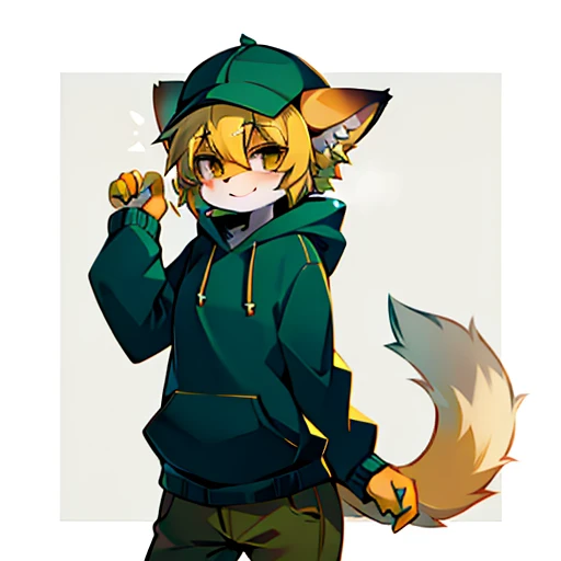 Yellow hair, Yellowish orange fur, green hoodie, brown pants, female, cat, black and purplejester hat, solo