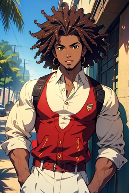 Afro-latino man, male, light brown eyes, full lips, sunlight, Afro brown hair, preppy Outfit, pretty, highly detailed, cinematic, epic, anime style