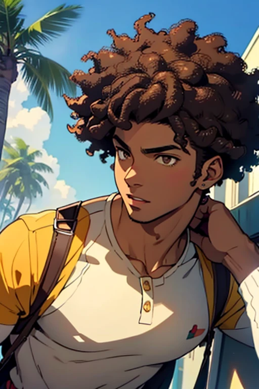 Afro-latino man, male, light brown eyes, full lips, sunlight, Afro brown hair, preppy Outfit, pretty, highly detailed, cinematic, epic, anime style