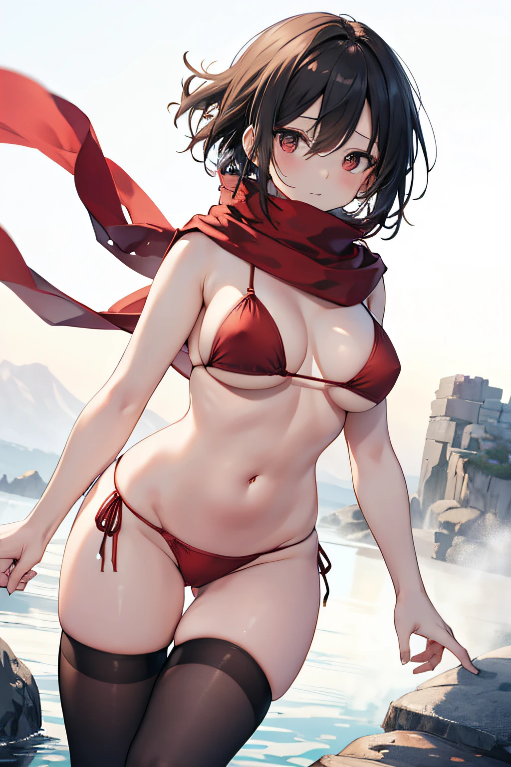 ((Masterpiece)), ((Best Quality)), 8K, high image quality, super detaill, Mikasa Ackerman, 1girl,solo,(A red scarf is tied around the neck.), Wear the Attack on Titan Survey Corps costume.,thong, stockings,large breasts,(red bikini),black thighhighs,ass,Bare hands, black eyes, bright eyes,high quality eyes,outdoor hot springs background,navel,mature
