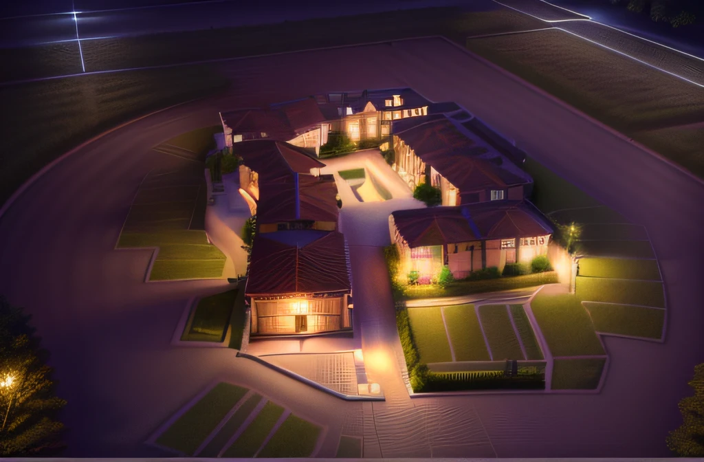 outside garden, paved path, picnic, flower bed, french villa house in the background, night light, sunset, overall perspective, realism, photography, rendering, masterpiece Interactive, high quality, super detailed, 4K