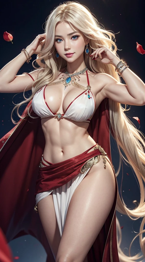 A 23-year-old white woman with unparalleled beauty.、blue eyess、platinum-blonde、White skin、hair is wavy、Longhaire、The ends of the hair are curled upwards、a smile、Wearing a sexy red belly dance dress、dancing belly dance、Detailed art nouveau background、The navel is out、My abs are cracked、Slender yet well-proportioned muscular body、Photorealistic images、8K picture quality、I'm punching my chest、I don't want my head to disappear from the screen.、Wearing accessories on your wrist、wearing red nail polish、uses a bright red cloak、A lot of flower petals are dancing around me、The area of the loin cloth is smaller、wears ornaments on the forehead、Big full of spillage