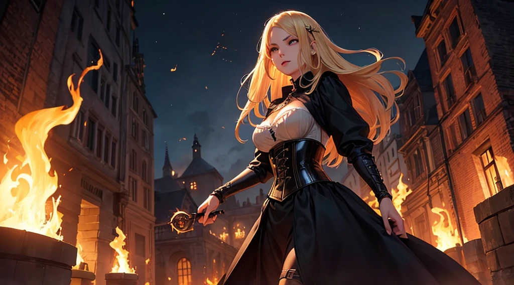 1 woman, evil sorceress, straight blond hair, dark dress, corset, burning village, menacing face, embers floating in the air, at night, high quality, masterpiece