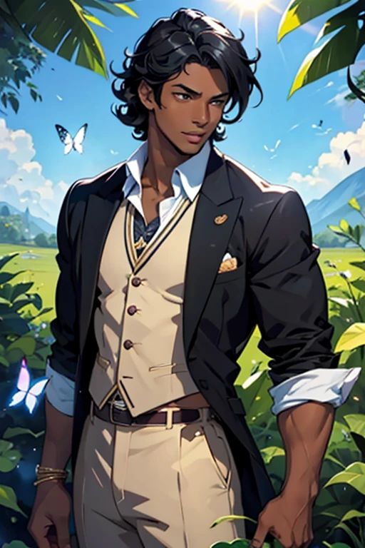 dark skin man, male, black eyes, full lips, sunlight, curly black hair, magical butterflies, preppy Outfit, pretty, highly detailed, cinematic, epic, anime style