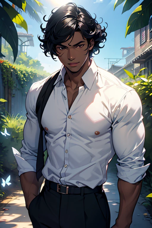 dark skin man, male, black eyes, full lips, sunlight, curly black hair, magical butterflies, preppy Outfit, pretty, highly detailed, cinematic, epic, anime style
