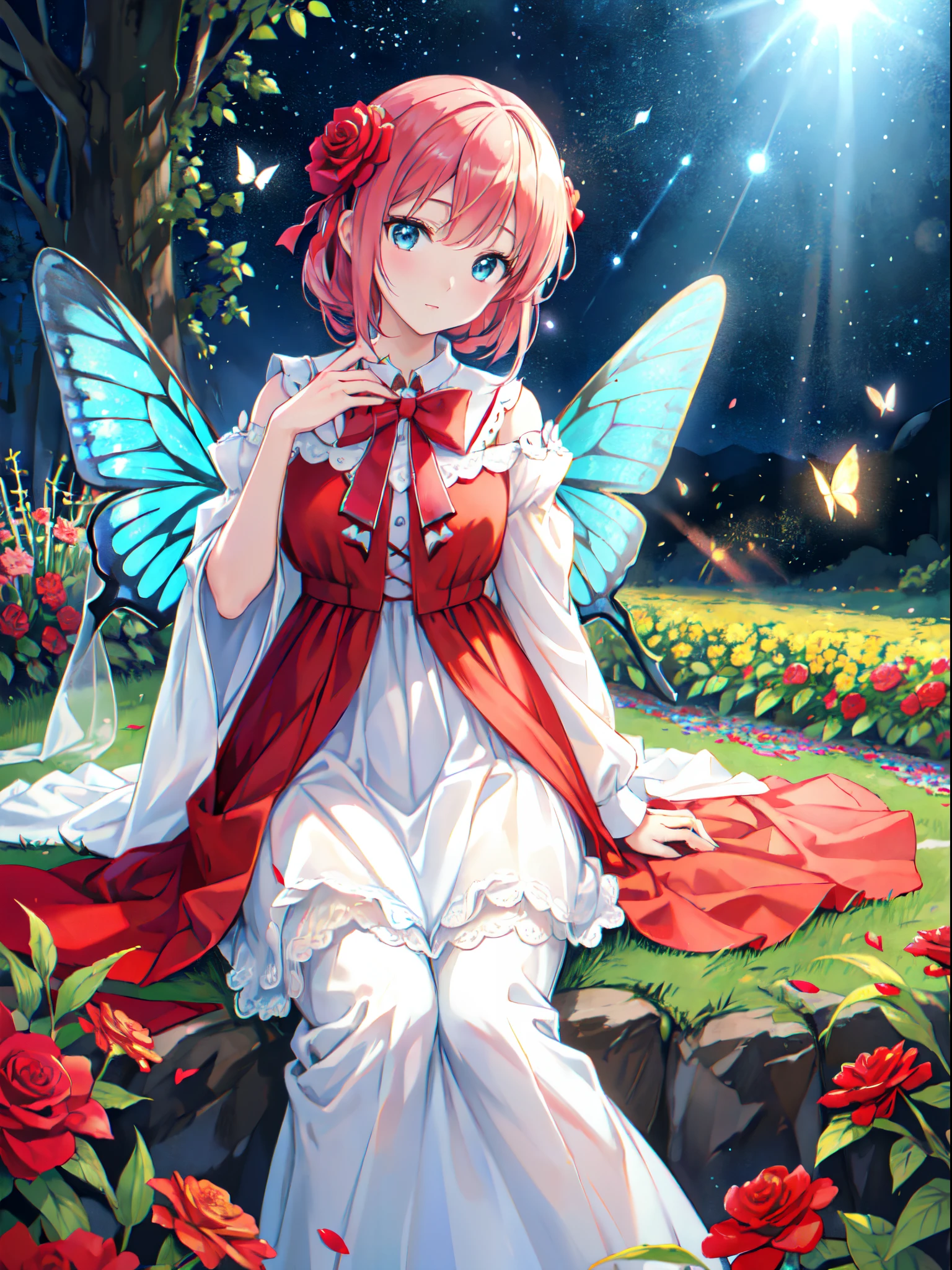 red rose fairy kisses the flower. That fairy is smaller than a flower. Neat costumes give off a mysterious luster. flower  field, Natural light,(Best Quality), (masutepiece:1.3), Ultra-detailed, (Realistic), (Photorealistic), butterfly_Wings, Moderate exposure,blue rose fairy、 The neat costume gives off a mysterious luster. flower  field, Natural light,(Best Quality), (masutepiece:1.3), Ultra-detailed, (Realistic), (Photorealistic), butterfly_Wings, Moderate exposure,