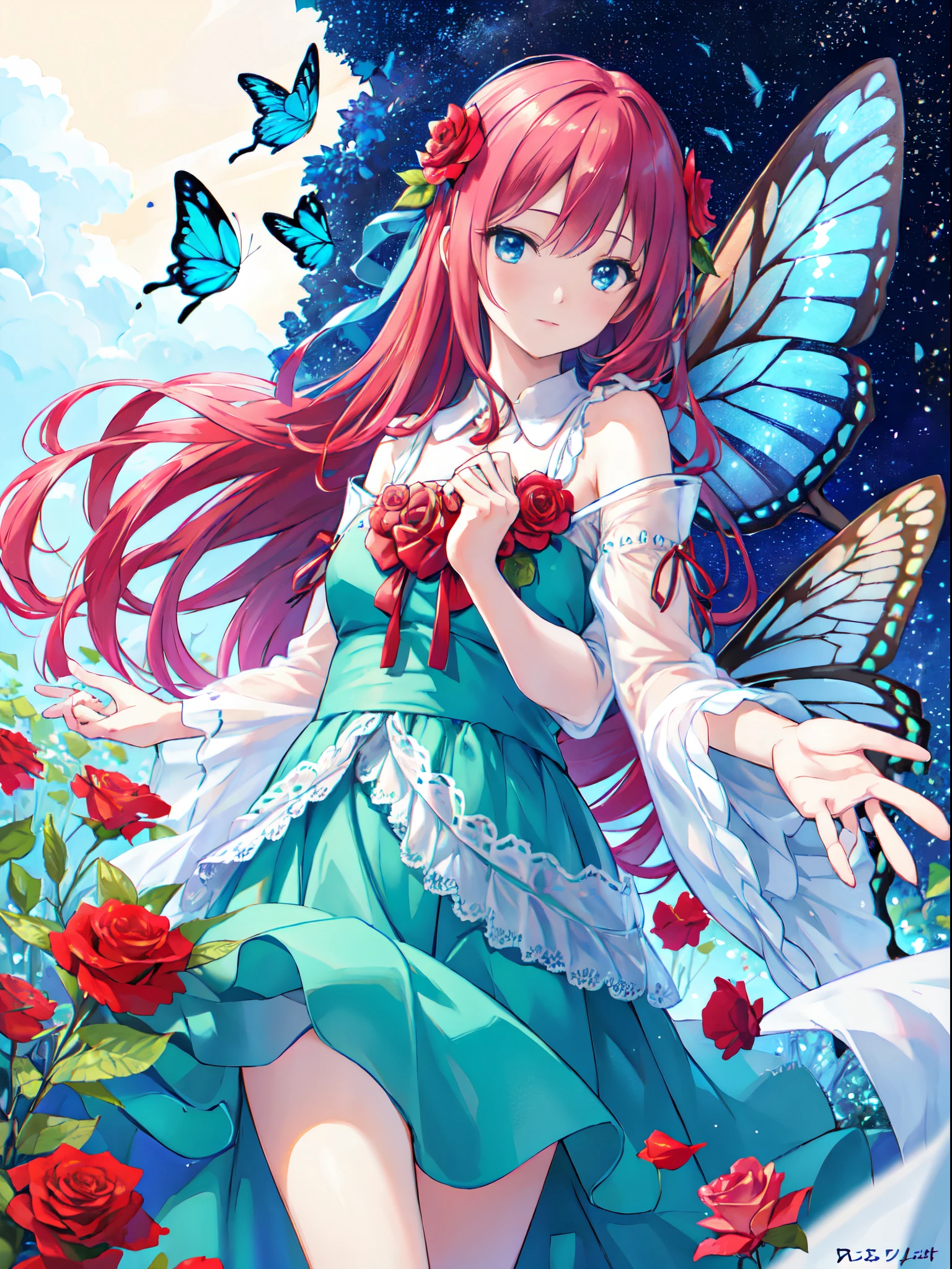 red rose fairy kisses the flower. That fairy is smaller than a flower. Neat costumes give off a mysterious luster. flower field, Natural light,(Best Quality), (masutepiece:1.3), Ultra-detailed, (Realistic), (Photorealistic), butterfly_Wings, Moderate exposure,blue rose fairy、 The neat costume gives off a mysterious luster. flower field, Natural light,(Best Quality), (masutepiece:1.3), Ultra-detailed, (Realistic), (Photorealistic), butterfly_Wings, Moderate exposure,
