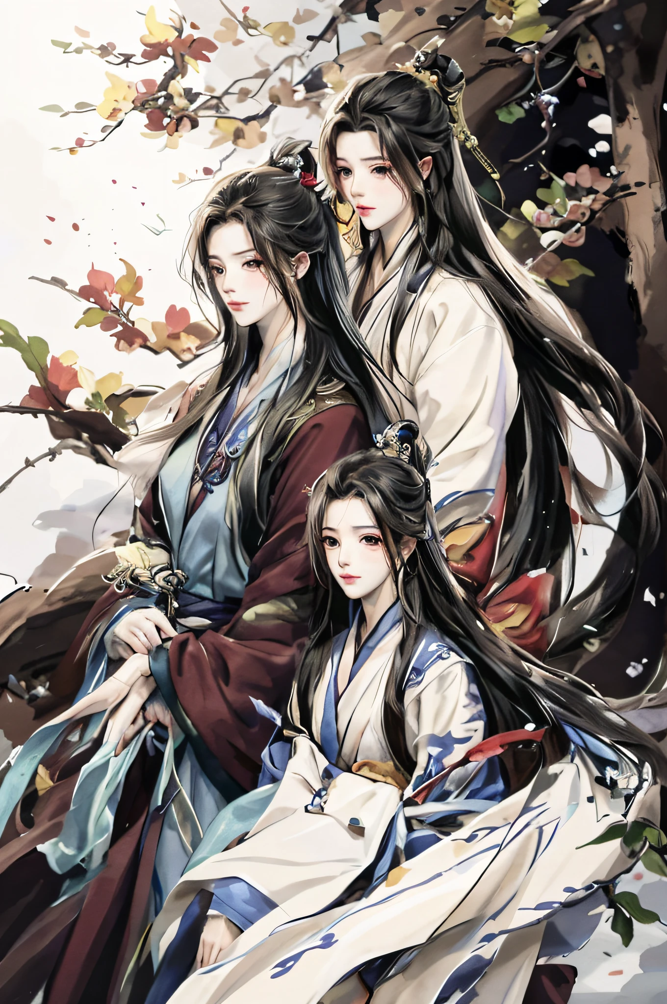 There are two women in the picture, flowing hair and long robes, making: Yang J, Telegraph Wuxia, Flowing white robes, heise jinyao, In the Three Kingdoms, The Three Princes of the Future, beautiful character painting, inspired by Guan Daosheng, Vian Lian, Wuxia, xianxia fantasy, Three kingdoms, making: Leng Mei, masterpiece, UHD, ccurate, anatomically correct, textured skin, super detail, high details, high quality, highres, 8k