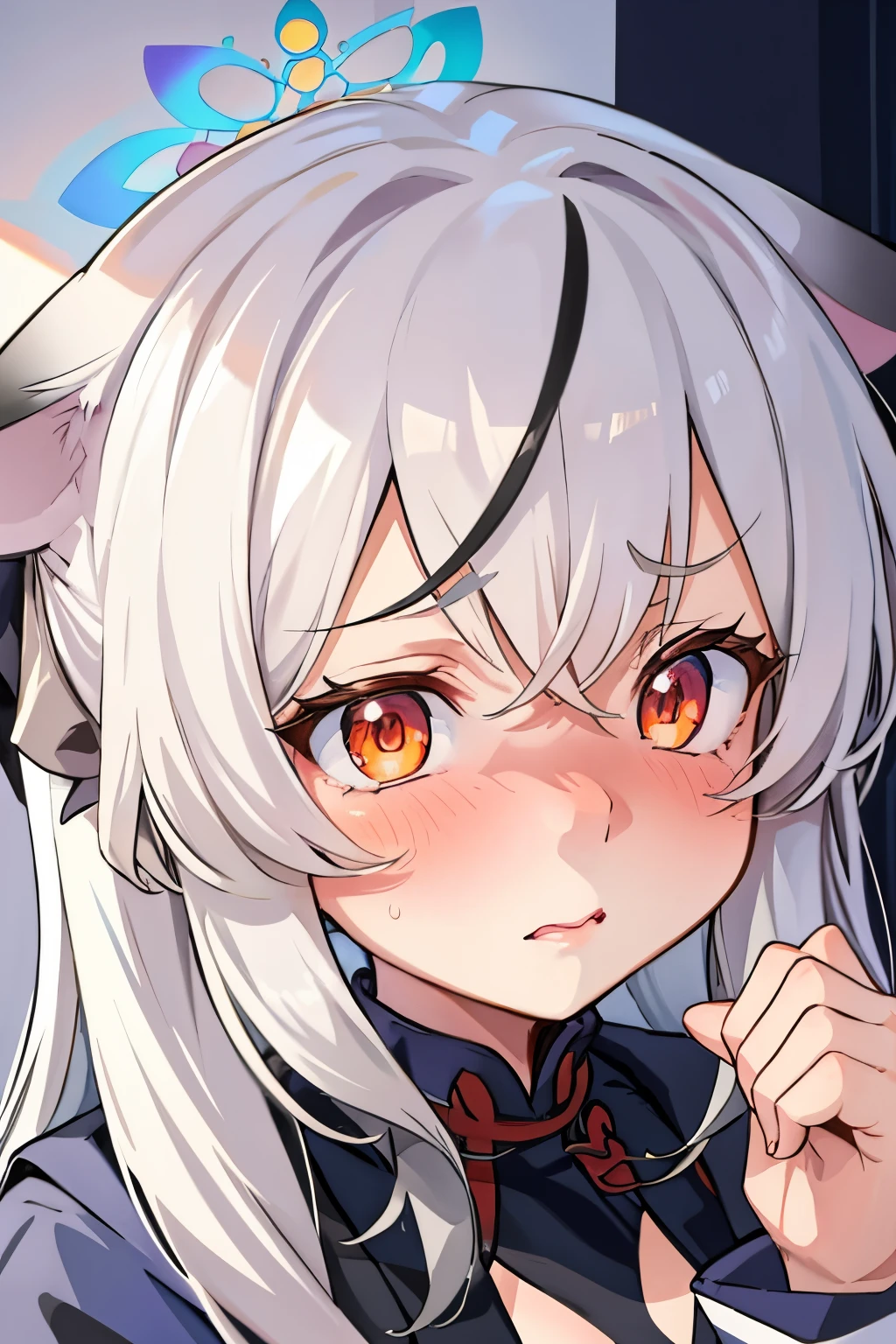 1girl, kokona, indoors, orange eyes, white hair, :3 mout, embarrassed, beautiful eyes, beautiful lips, shiny lips, extremely detailed eyes and face, long eyelashes, close-up, warm lighting, vibrant colors, looking at the viewer, embarrassed look, blush, ashamed hiding behind a wall