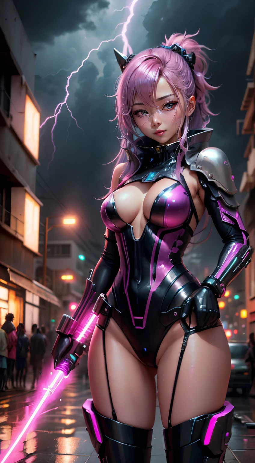 Pink lightning　Pink lightning　raging thunder　City of the Future　cyberpunked　Cyber City　cyber neon slums　God of Destruction　A glamorous goddess descends　Storm　Realistic Rain　Chinese Idol　Mature woman with a triumphant smile　lightsaber equipment　Purple hair　eye glass