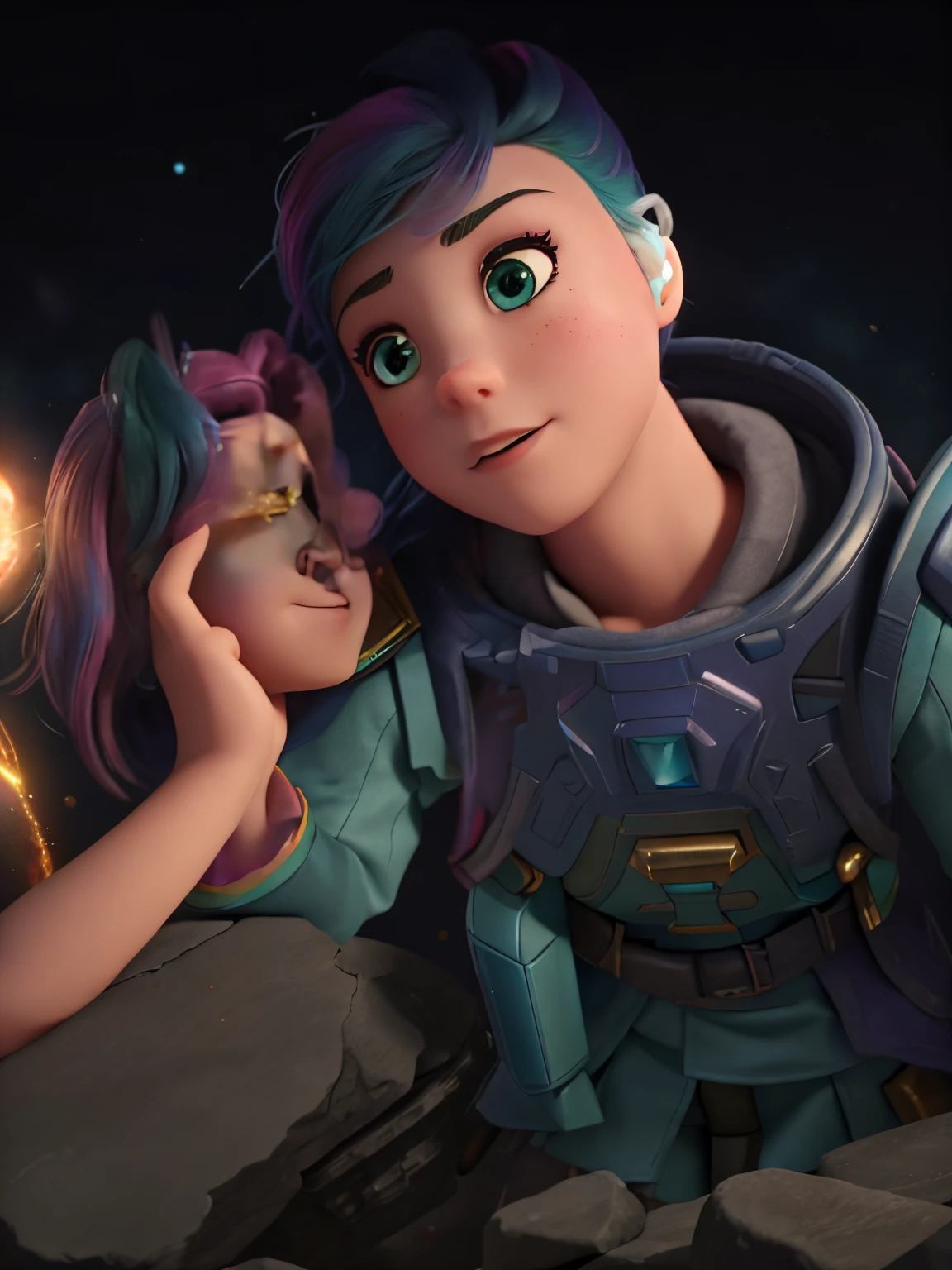 a girl with rainbow colored hair and detailed teal dress armor, standing, rainbow colored cosmic nebula background, stars, galaxies, intricate details, perfect face