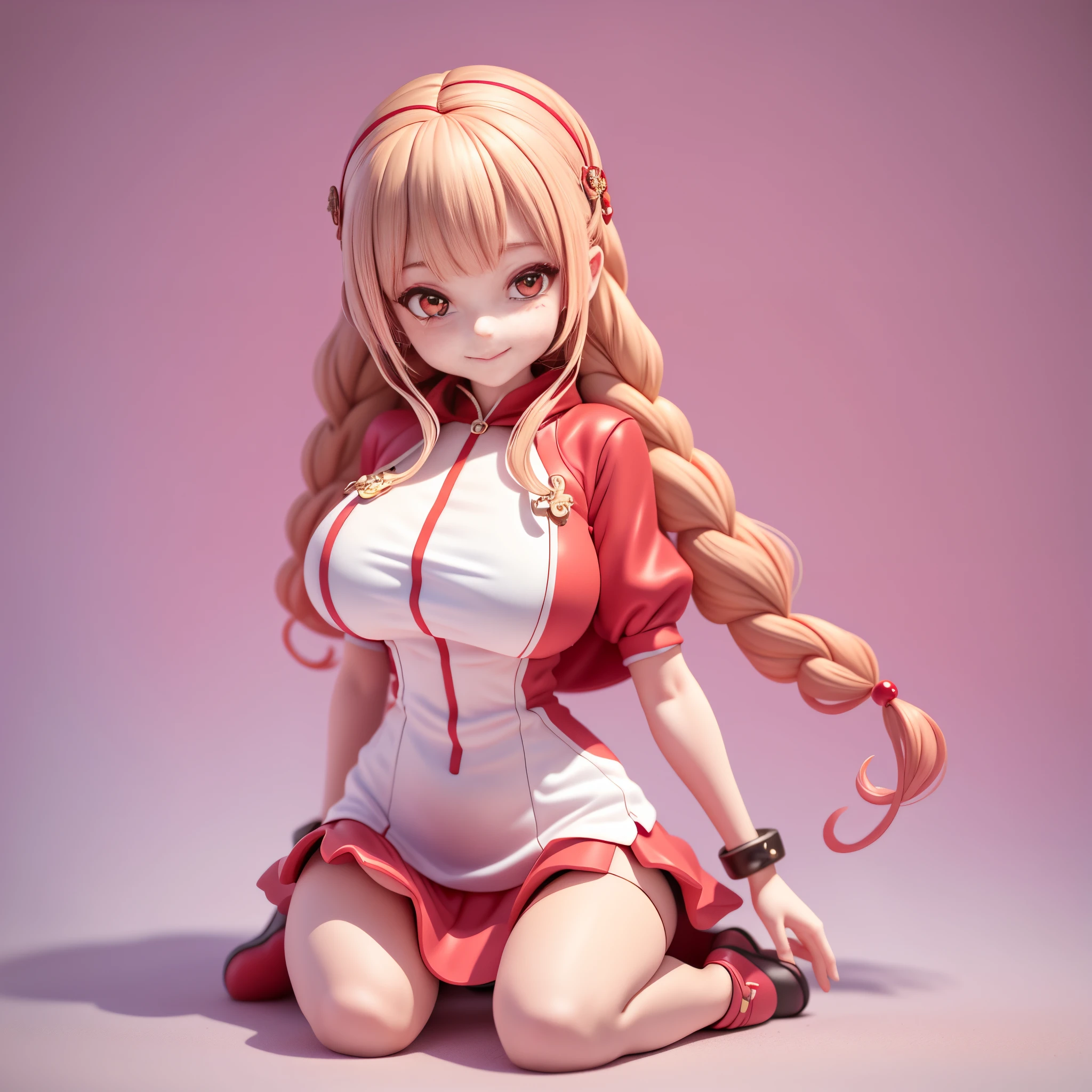 (tmasterpiece), (Better quality), (ultra - detailed), (full bodyesbian: 1.2) A five-year-old girl, (chibi anime),little girl in red robe,(((cute big breasts)))littleredridinghood,(pale brown hair,Exquisite braids,Double up braid),full body,full bodyesbian,She hugged:Bar full of fruits,(Full body photo:1.4),(Wearing:Sophisticated red hooded dress,red head band, red long skirt,laced dress,White socks,Black leather shoes,(Complicated details:1.1), ),Eye depiction,Exquisite Hair,Bubble Mart Blind Box,Clay texture,Step on the ground,light and delicate, clear smile, full bodyesbian:3, multicolour hair, short, far away, funk, modern, modern accessories, simple backgound,Pastel tonal background , Colorful and simple,Add base,1 person:1.6
