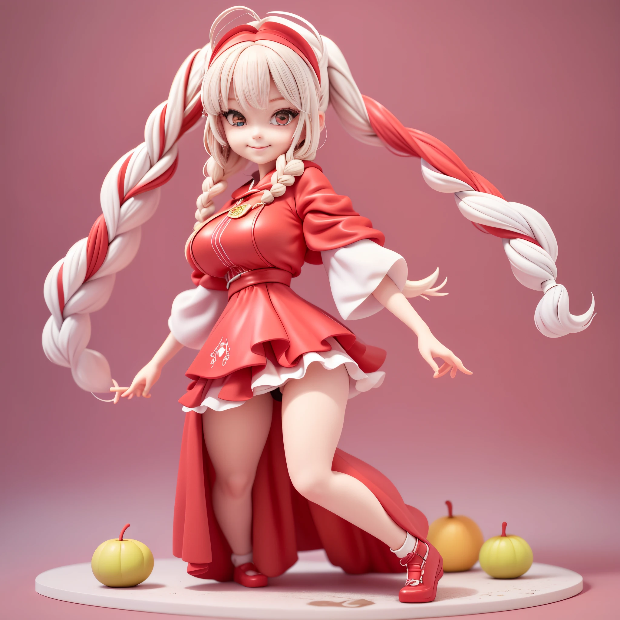 (tmasterpiece), (Better quality), (ultra - detailed), (full bodyesbian: 1.2) A -year girlchibi anime），little girld robe，(((cute big breasts)))littleredridinghood，（pale brown hair，Exquisite braids，Double up braid），full body，full bodyesbian，She hugged：Bar full of fruits，（Full body photo：1.4），（Wearing：Sophisticated red hooded dress，red head band, red long skirt，laced dress，White  socks，Black leather shoes，(Complicated details:1.1), ），Eye depiction，Exquisite Hair，Bubble Mart Blind Box，Clay texture，Step on the ground，light and delicate, clear smile, full bodyesbian：3， multicolour hair, short, far away, funk, modern, modern accessories, simple backgound，Pastel tonal background , Colorful and simple，Add base，1 person：1.6