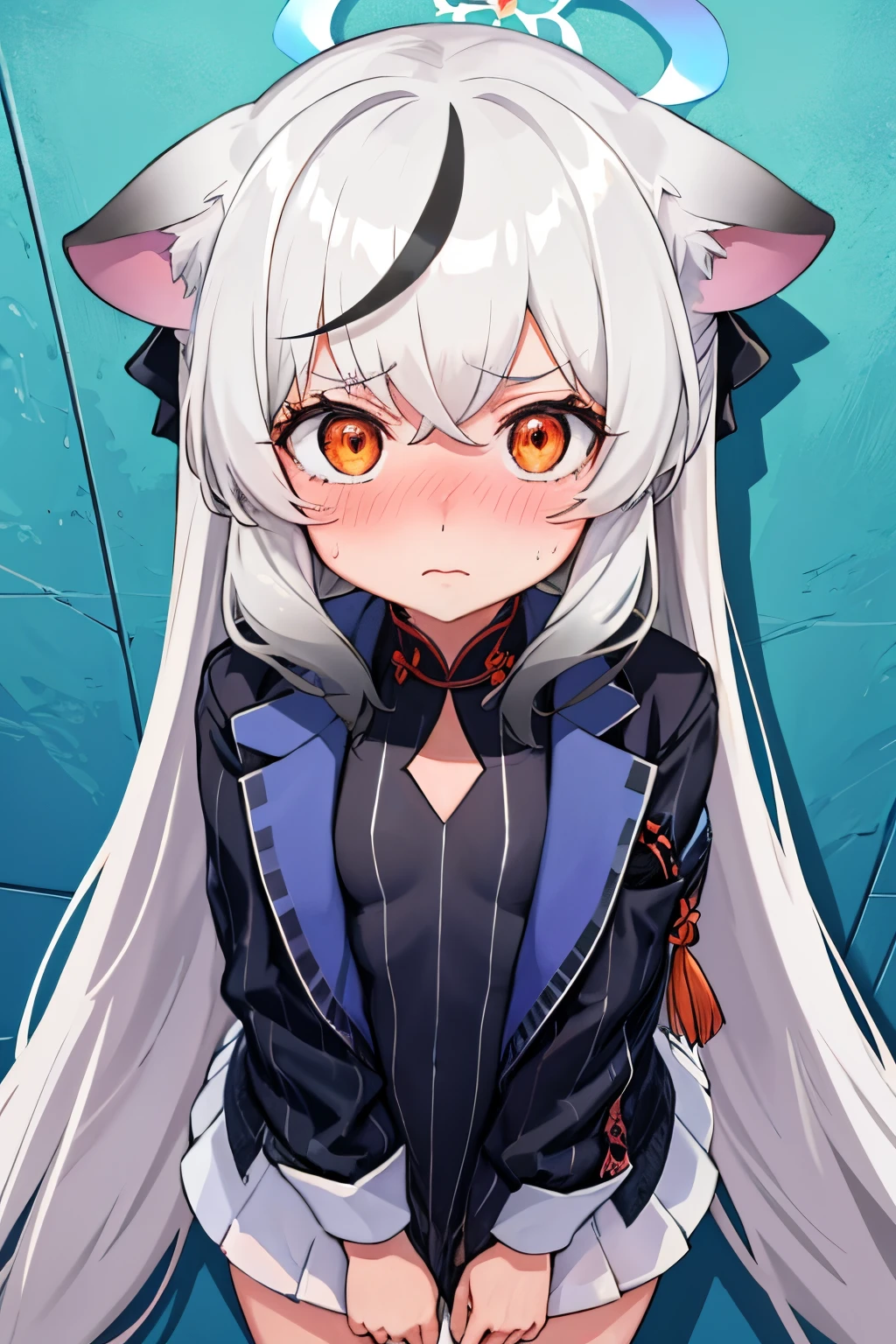 1girl, kokona, indoors, orange eyes, white hair, :3 mouth, embarrassed, beautiful eyes, beautiful lips, shiny lips, extremely detailed eyes and face, long eyelashes, close-up, warm lighting, vibrant colors, looking at the viewer, embarrassed look, blush, In the woods