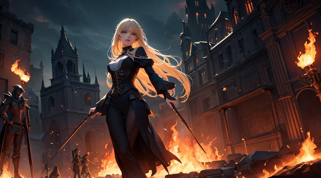 1 woman, evil sorceress, straight blond hair, dark dress, corset, casting a spell, army of skeletons in background, burning village, stern face, embers floating in the air, at night, high quality, masterpiece