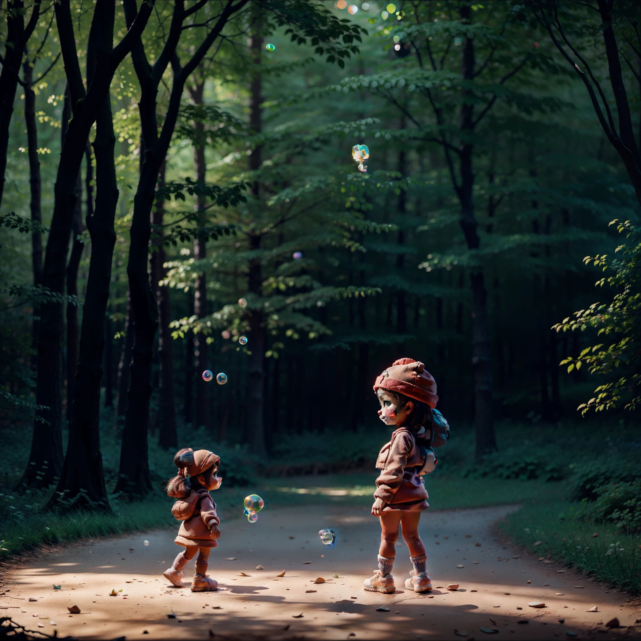 One ,at a forest,Go on an expedition,jogging,Soft lighting,looking at me with her back,3d art,c4d,octane render,ray tracing,Bubble Mart style,Clay texture,pixar-style,12k,Rich in detail,--ar 2:3
