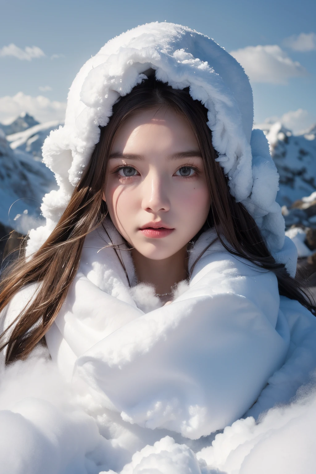 Cloak made of exploding snow clouds, girl， author：Mark Mann, Volop, albrecht durer, Volop, soft wet color, intricately details, Amazing, firey, smokes, The beautiful, Cloudy, Fluffy, static charge, Snowy Land, An artistic masterpiece by the head of real-time engineering