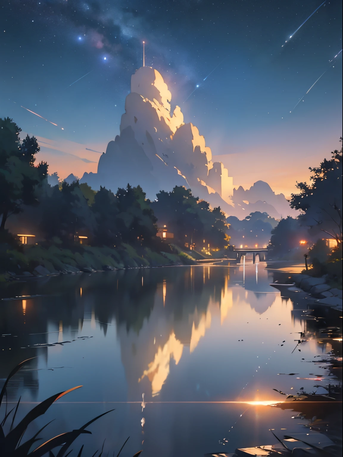 tmasterpiece, Cartoon train passing through body of water on rails, Bright starry sky. Romantic train, Picture of Makoto Shinkai, pixiv, concept-art, Loepfe Art Style, Reflectors. author:Shinkai sincerely, lofi art, beautiful anime scenes, Anime landscapes, Detailed scenery – width 672, Estilo de Makoto Shinkai, Makoto Shinkai's style, Enhance details.