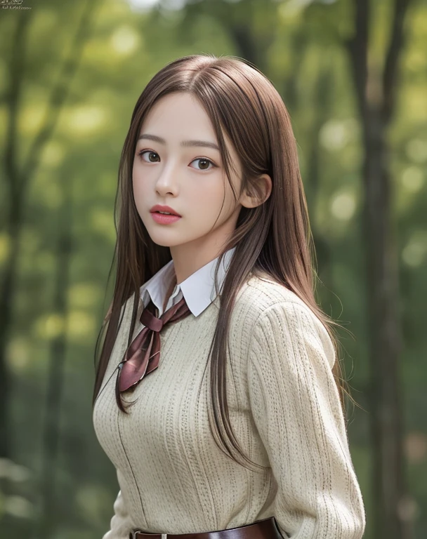 Photorealistic, masutepiece, Best Quality, Raw photo, 1girl in, Solo, Long hair, Brown hair, Detailed face, alluring face, Collared shirt, medium breasts, Dynamic Pose, Looking at Viewer, From below, Detailed background, fine detailed, intricate detailes, Ray tracing, depth of fields, lowkey, nffsw、above thighs