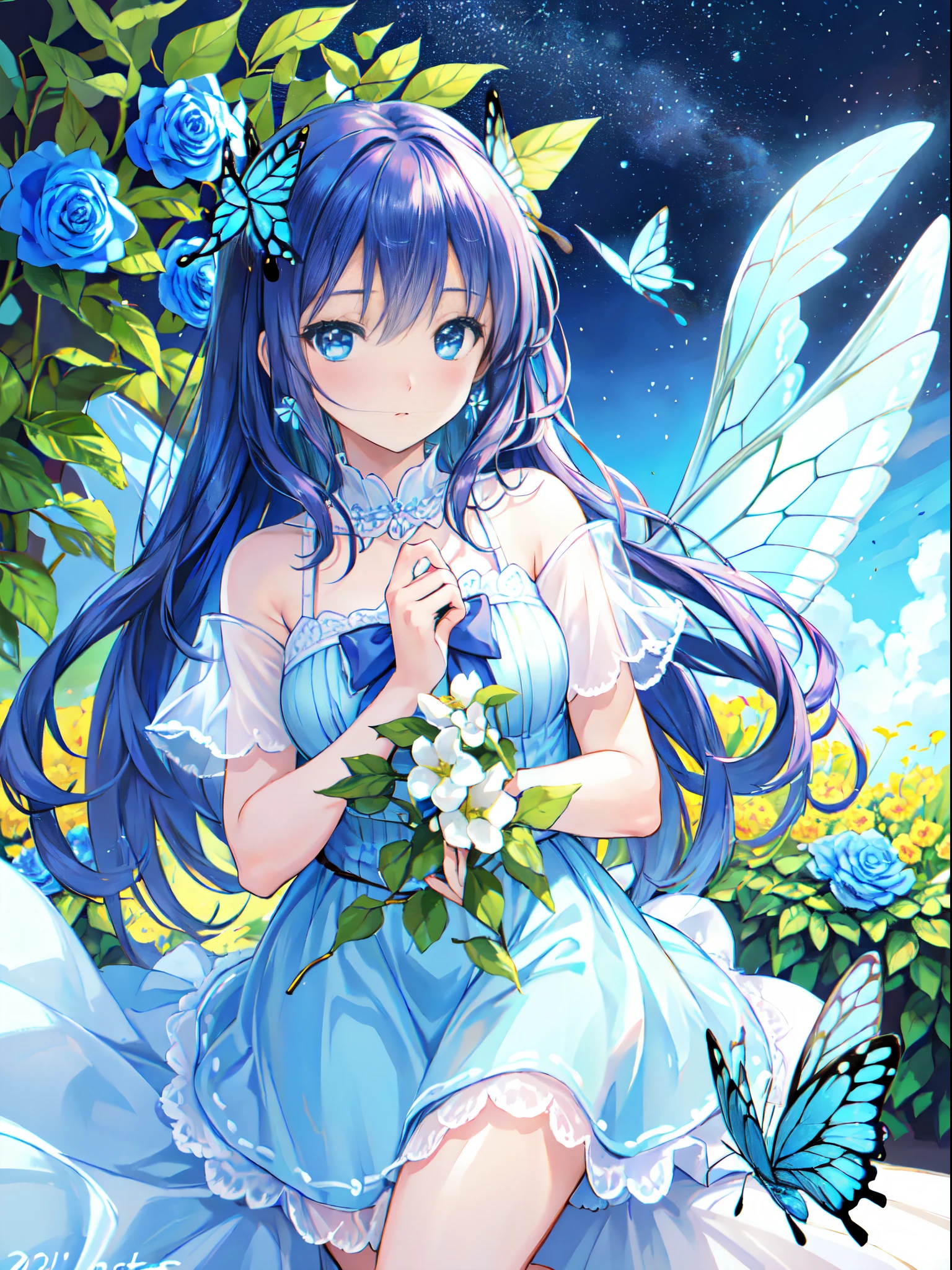 Blue rose fairy kisses flowers. That fairy is smaller than a flower. Its neat and clean costume has a mysterious luster. flower field, Natural light,(Best Quality), (masutepiece:1.3), Ultra-detailed, (Realistic), (Photorealistic), butterfly_Wings, Moderate exposure,blue rose fairy、Sailor Mercury、 Neat costumes give off a mysterious luster. flower field, Natural light,(Best Quality), (masutepiece:1.3), Ultra-detailed, (Realistic), (Photorealistic), butterfly_Wings, Moderate exposure,