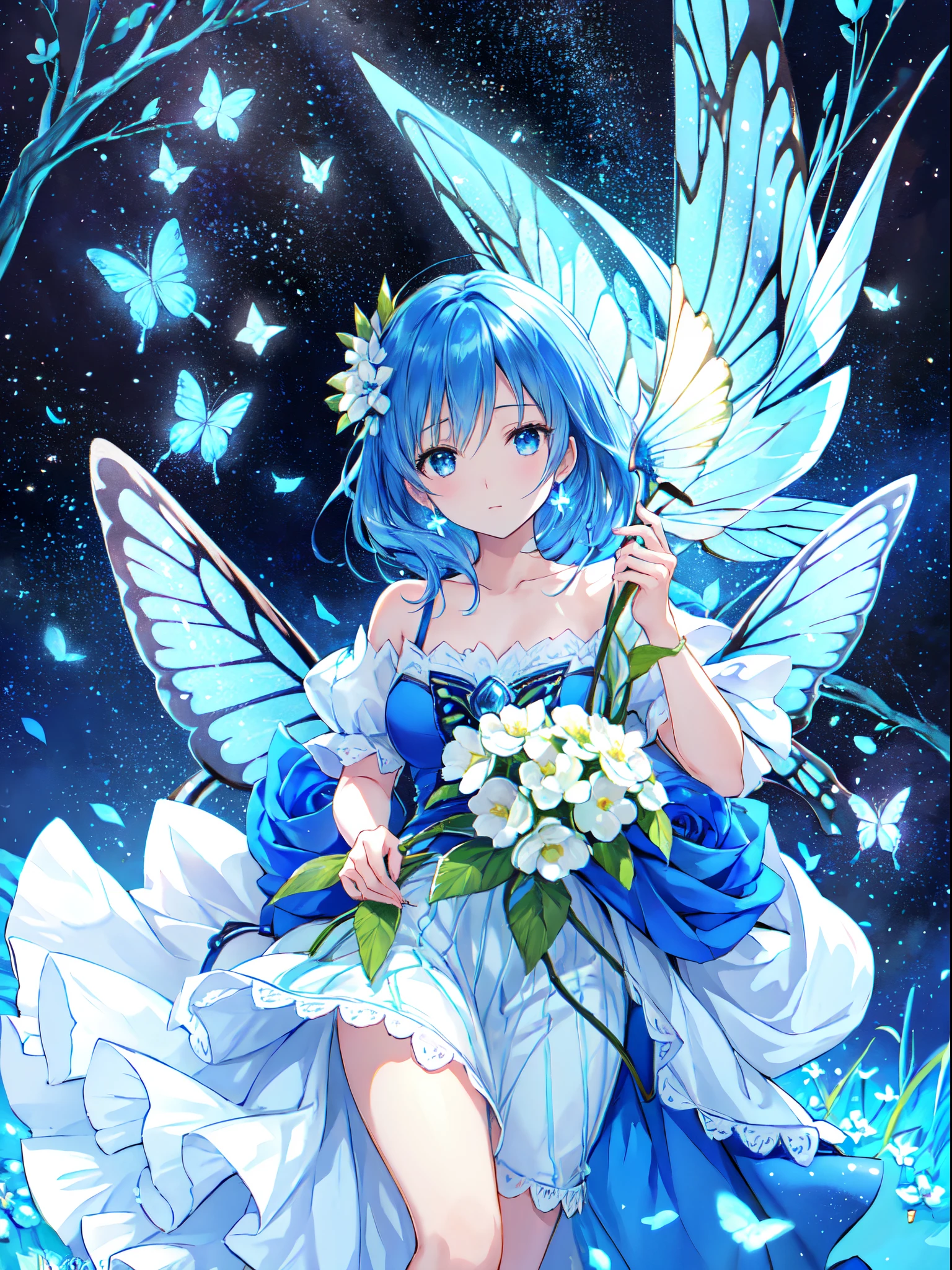 Blue rose fairy kisses flowers. That fairy is smaller than a flower. Its neat and clean costume has a mysterious luster. flower field, Natural light,(Best Quality), (masutepiece:1.3), Ultra-detailed, (Realistic), (Photorealistic), butterfly_Wings, Moderate exposure,blue rose fairy、Sailor Mercury、 Neat costumes give off a mysterious luster. flower field, Natural light,(Best Quality), (masutepiece:1.3), Ultra-detailed, (Realistic), (Photorealistic), butterfly_Wings, Moderate exposure,