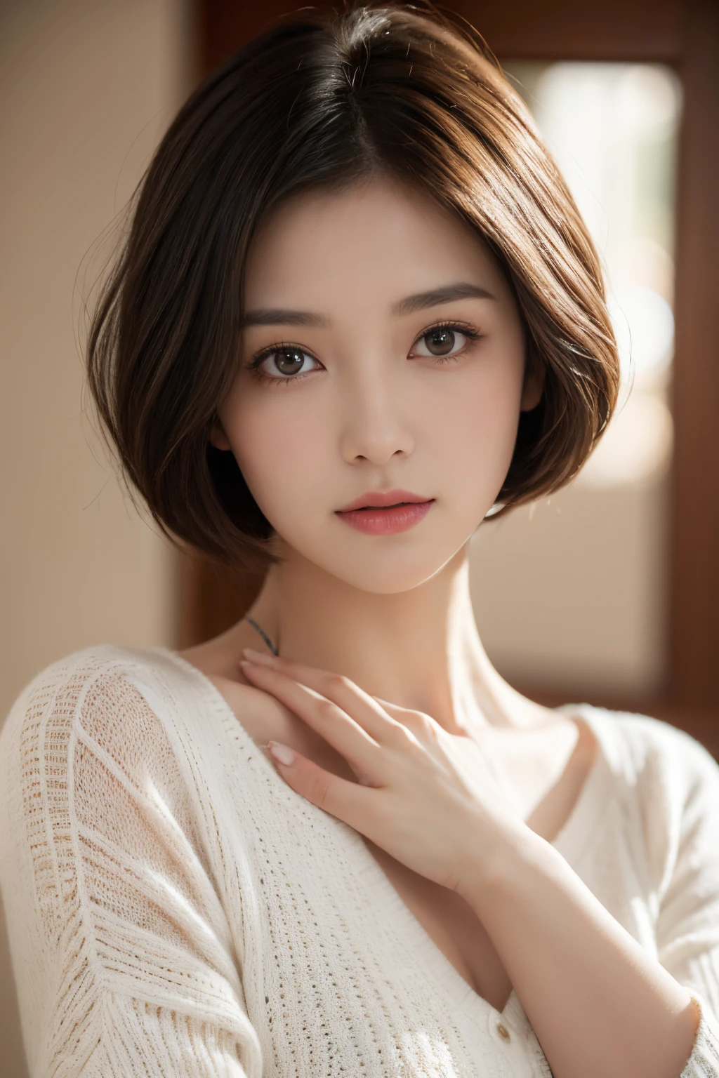 Summer short hair with white sweater, summer mating, short detailed hair, Qi bangs short hair, Cute face girl, Cute beautiful face in portrait, French bob, with fair skin!!, short brown hair and large eyes, Soft portrait shooting 8 K, Beautiful bright big eyes, beautiful young girl, Young girl with bob hairstyle, Best Picture Quality, tmasterpiece, Notes of Leonardo da Vinci, Leonardo da Vinci's manuscript as background