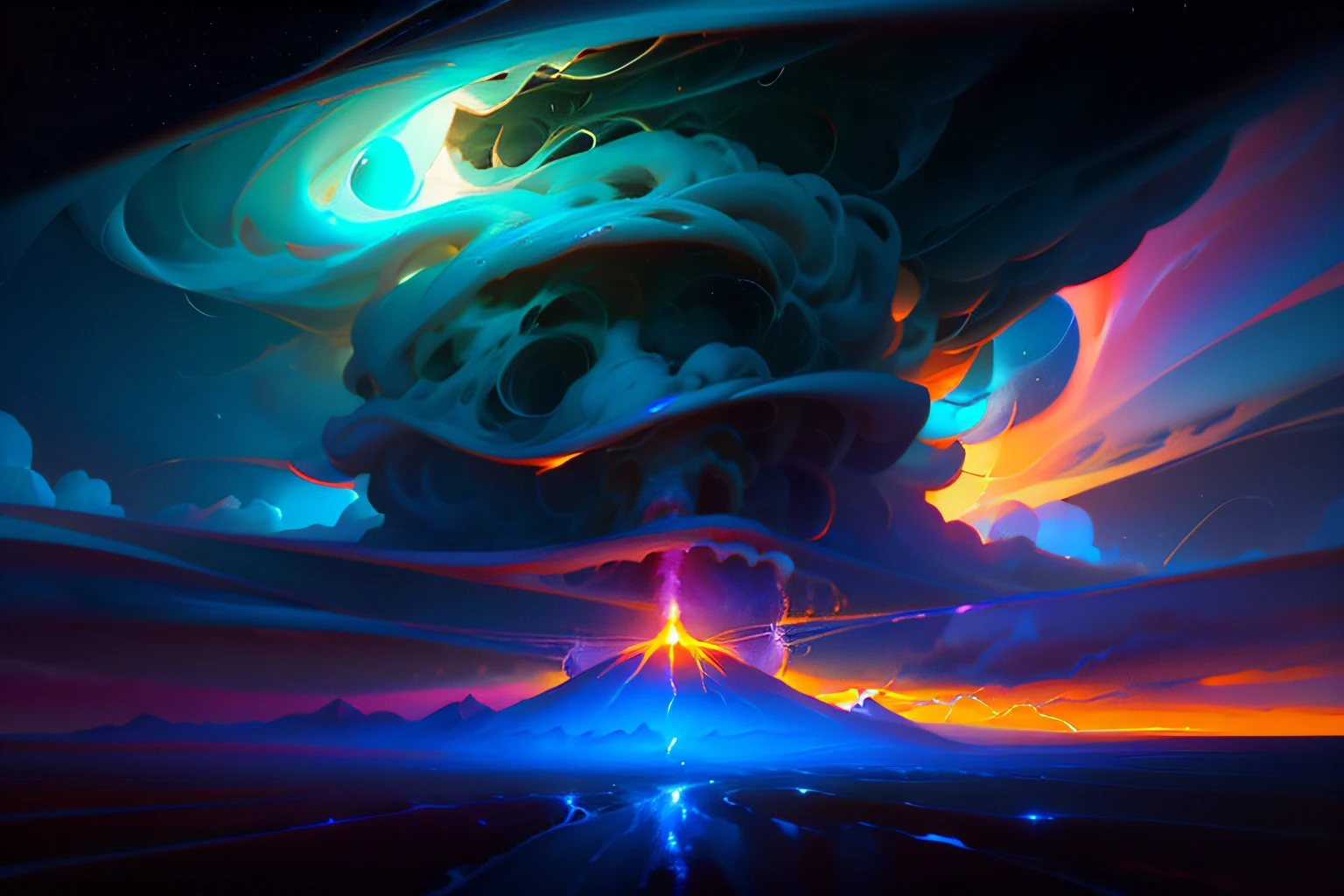 a lone car (Lambroghini Countash) on the highway driving towards a distant storm in a strange landscape, digital art inspired  space art, beeple and tim hildebrandt, and greg rutkowski painting of a large cloud with a tornado swirl coming out of it, a surrealist painting by Michael Sutfin, , android jones and rhads, cloud vortex, thick swirling tornado, surrealistic painting, surrealist landscape painting, thunder clouds modernism,, jacek yerka and vladimir kush, surreal painting, lightning , star field sky / lighning