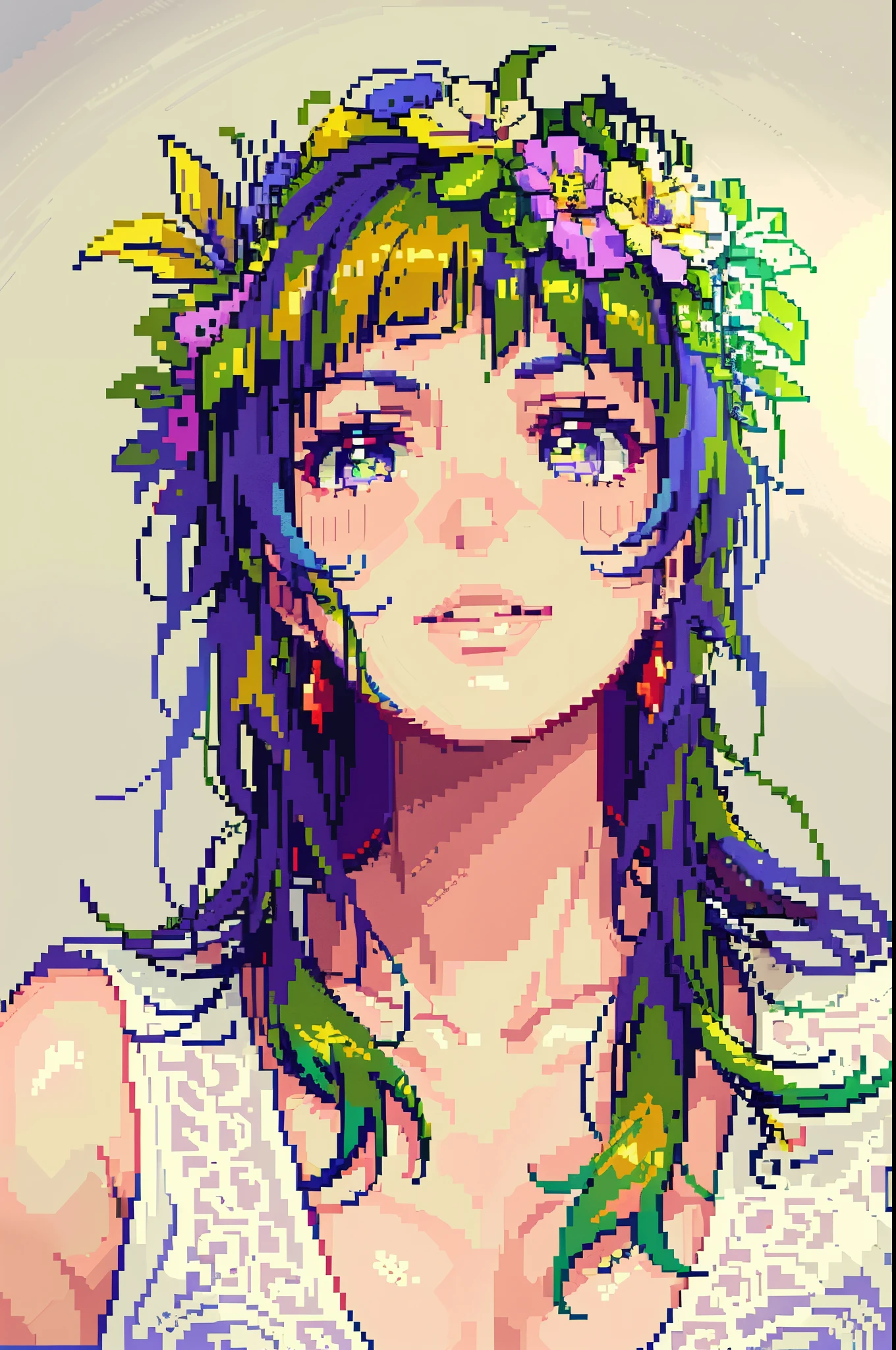 there is a woman with a flower crown on her head, flower storm portrait,,((pixelart style)), pix, 4-bit pixel art, Pixel Art Official, nada paralir, Pixel art super detailed, ((mario)), Cogumelos, Mario Senas, borgar, treasure chests, sheets, Pasta agent