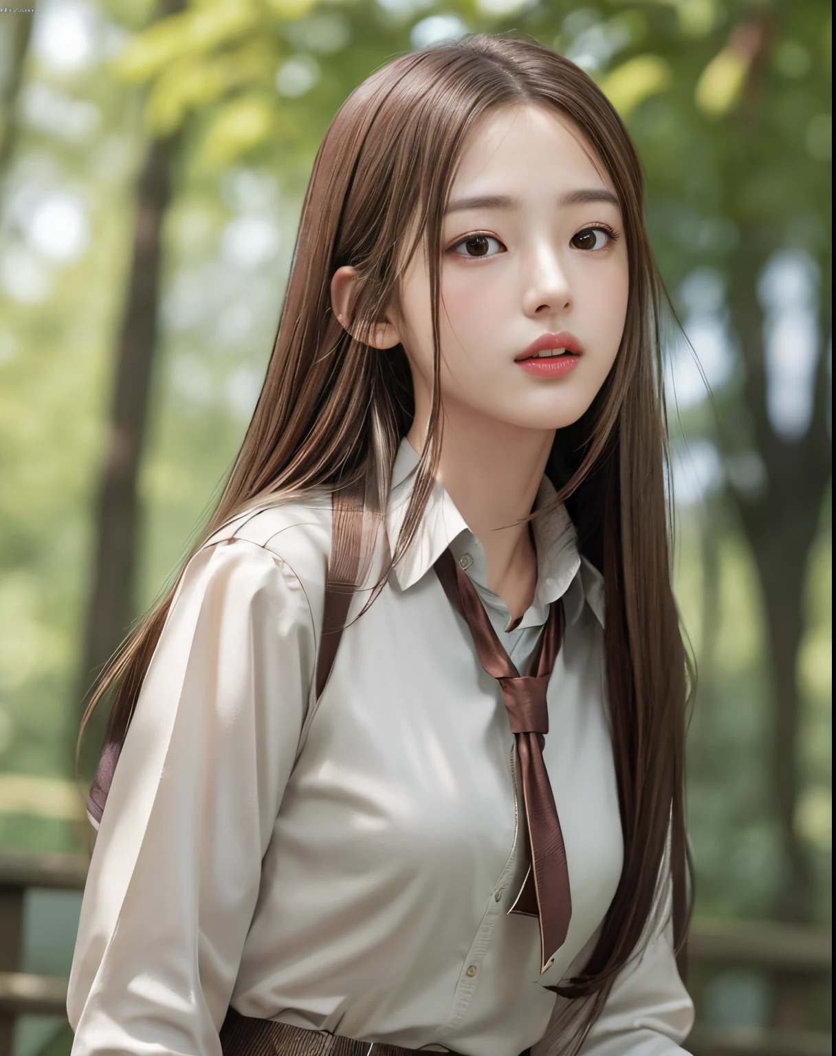 Photorealistic, masutepiece, Best Quality, Raw photo, 1girl in, Solo, Long hair, Brown hair, Detailed face, alluring face, Collared shirt, medium breasts, Dynamic Pose, Looking at Viewer, From below, Detailed background, fine detailed, intricate detailes,  Ray tracing, depth of fields, lowkey, nffsw、above thighs