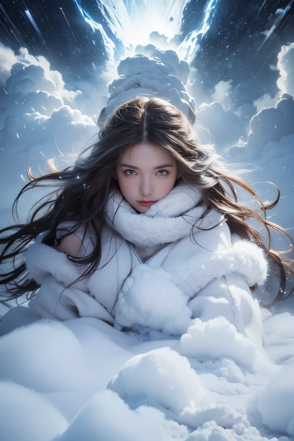 Cloak made of exploding snow clouds, girl， author：Mark Mann, Volop, albrecht durer, Volop, soft wet color, intricately details, Amazing, firey, smokes, The beautiful, Cloudy, Fluffy, static charge, Snowy Land, An artistic masterpiece by the head of real-time engineering
