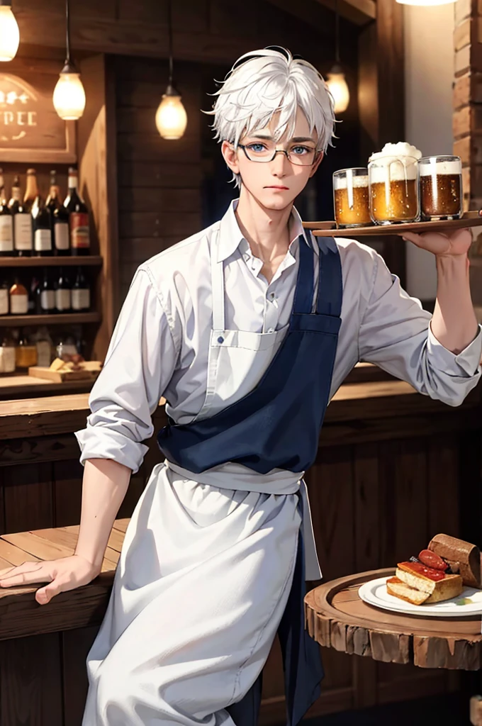 (masterpiece:1.2, best quality), (real picture, intricate details), 4k, 1boy, 16 years old, short white hair, blue eyes, full body, wearing eyeglasses, wearing white shirt and black apron, holding a tray of beer, expression:bored, pouting at viewer, background: medieval pub, wooden furniture, warm lighting