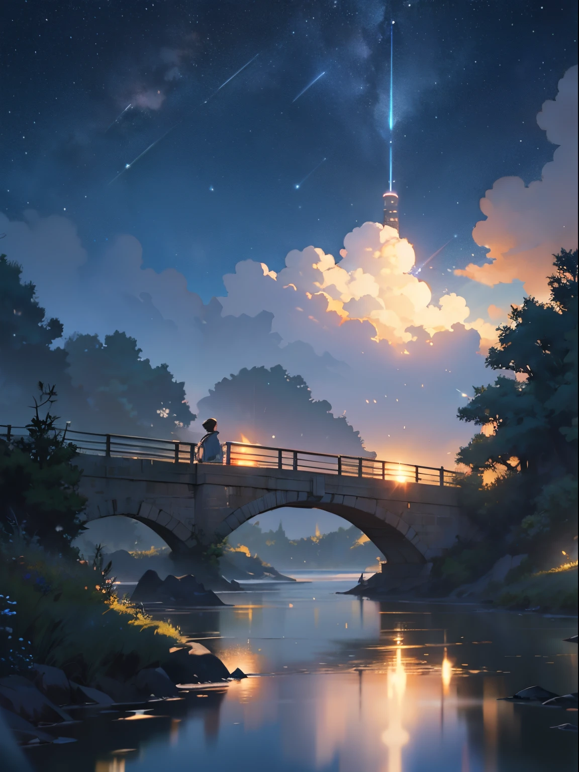 tmasterpiece, Cartoon train passing through body of water on rails, Bright starry sky. Romantic train, Picture of Makoto Shinkai, pixiv, concept-art, Loepfe Art Style, Reflectors. author：Shinkai sincerely, lofi art, beautiful anime scenes, Anime landscapes, Detailed scenery – width 672, Estilo de Makoto Shinkai, Makoto Shinkai's style, Enhance details.