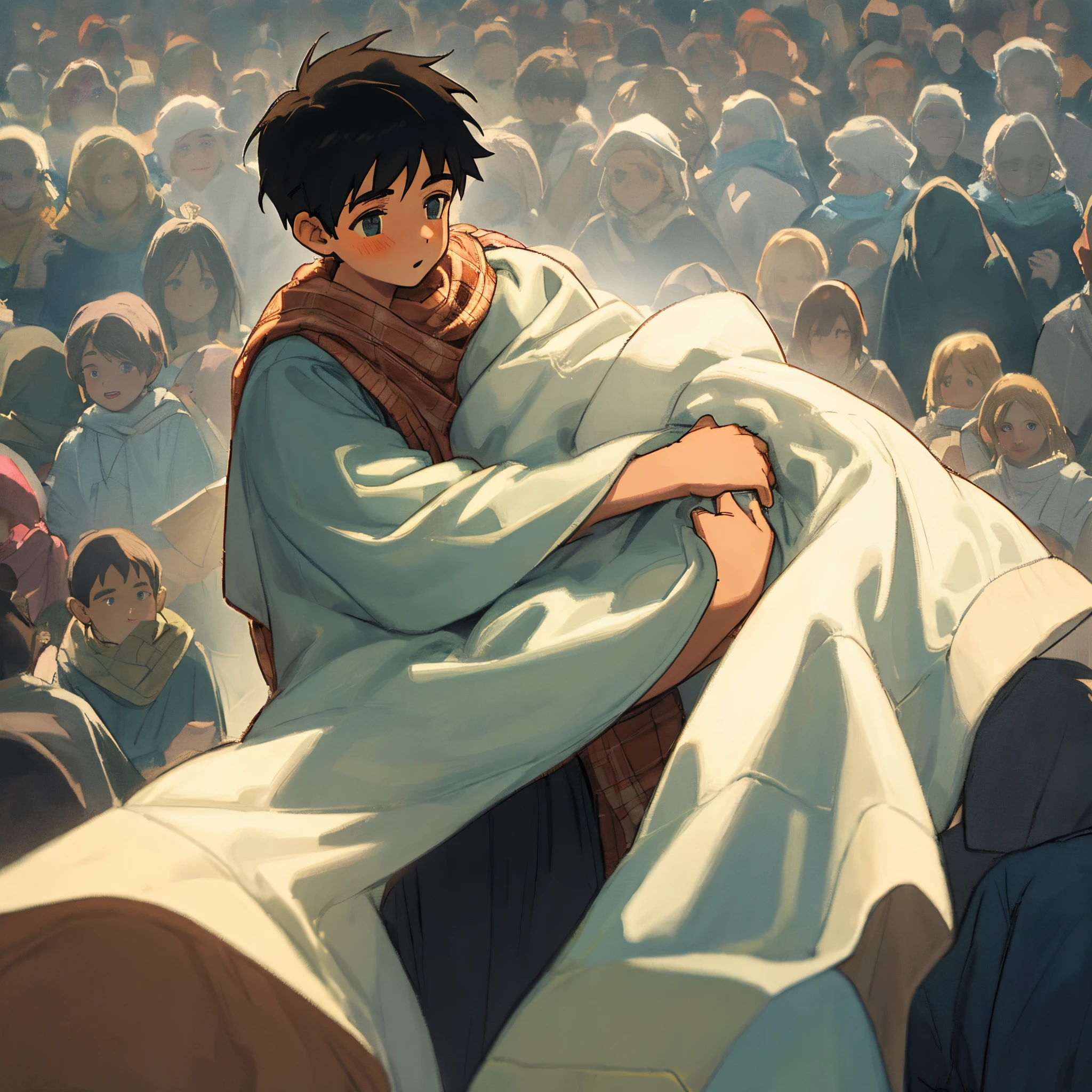 A boy carrying a quilt in the crowd