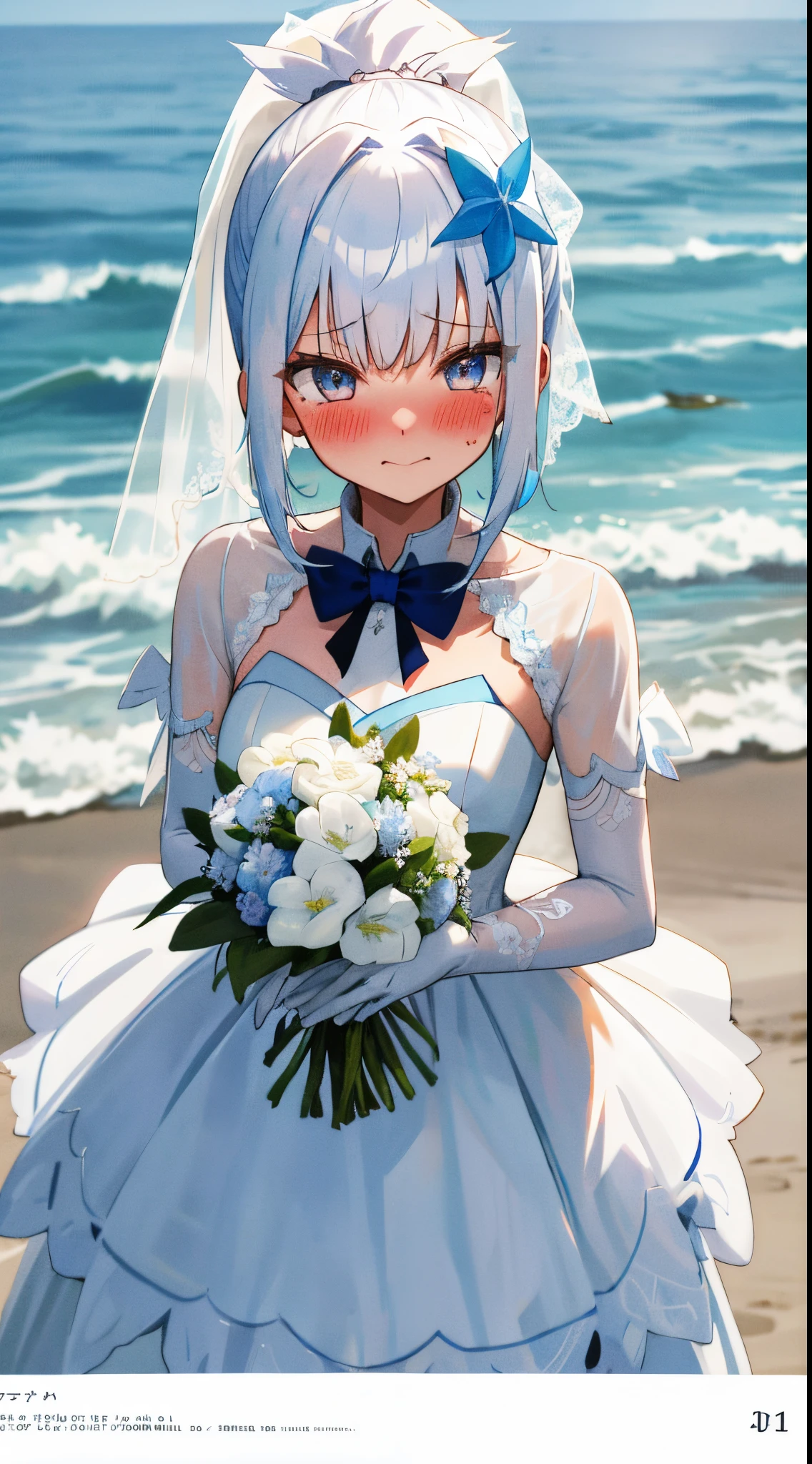 One girl with ponytail hair, bangs, white hair, blue inner hair, looking at viewer, blushing, embarrassed, little smile, tears, wedding venue, beach, flower, wedding dress, bridal veil, lace gloves, dizzy, mid-chest, perfect waist, spread legs, day atmosphere, hair ornament, standing, Bouquet