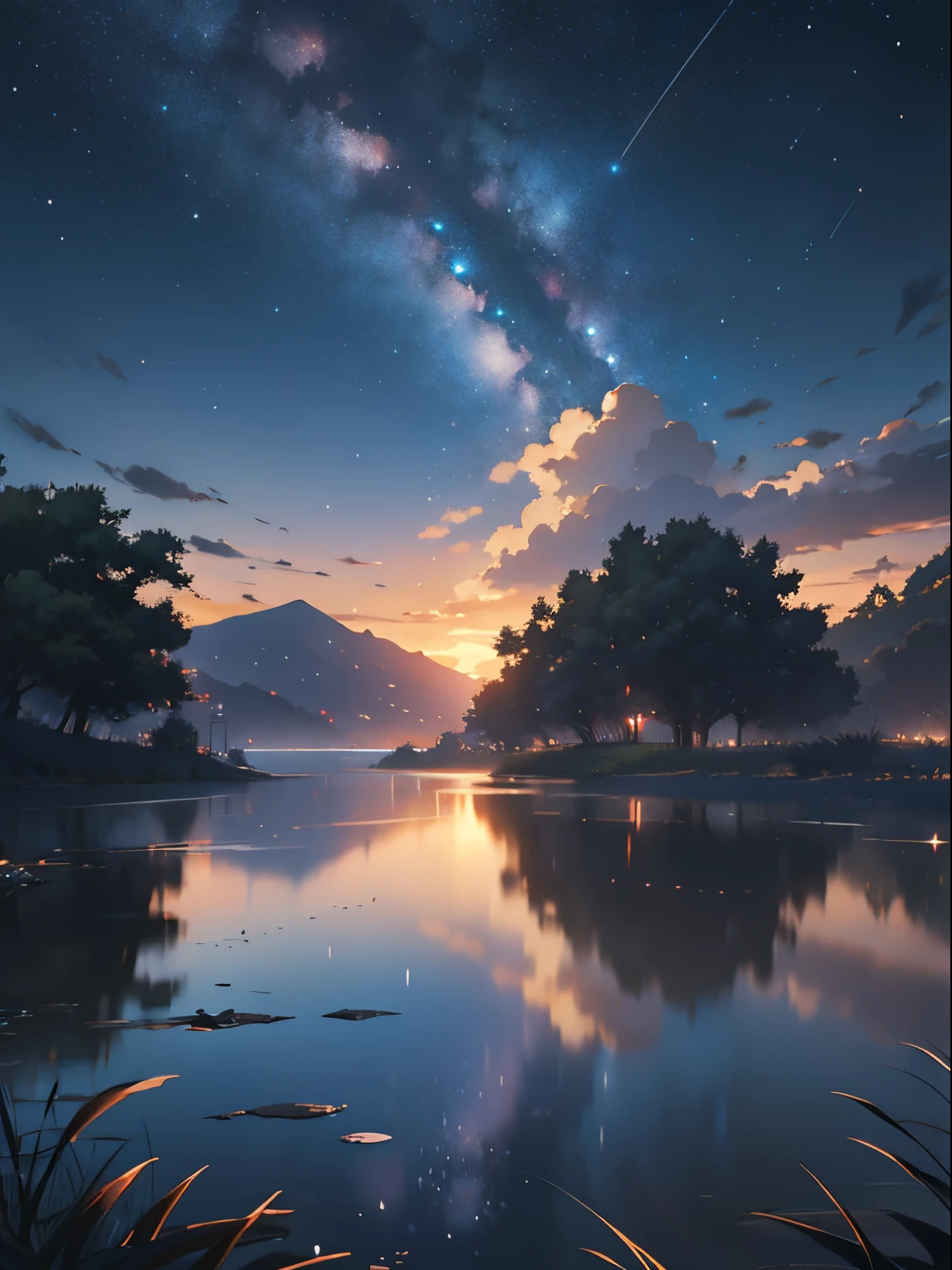 tmasterpiece, Cartoon train passing through body of water on rails, Bright starry sky. Romantic train, Xin Haicheng pictures, pixiv, concept-art, Lopfe art style, reflector. author：Xinhai sincerely, lofi art, beautiful anime scenes, Anime landscapes, Detailed view – width 672, Makoto Shinkai's style, Makoto Shinkai's style, Enhance details.