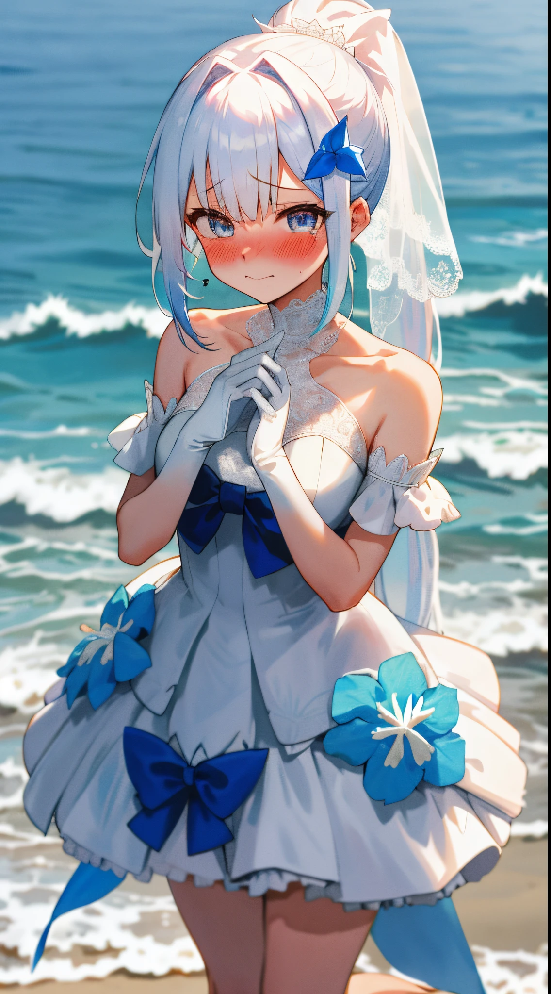 One girl with ponytail hair, bangs, white hair, blue inner hair, looking at viewer, blushing, embarrassed, little smile, tears, wedding venue, beach, flower, wedding dress, bridal veil, lace gloves, dizzy, mid-chest, perfect waist, spread legs, day atmosphere, hair ornament, standing, Bouquet