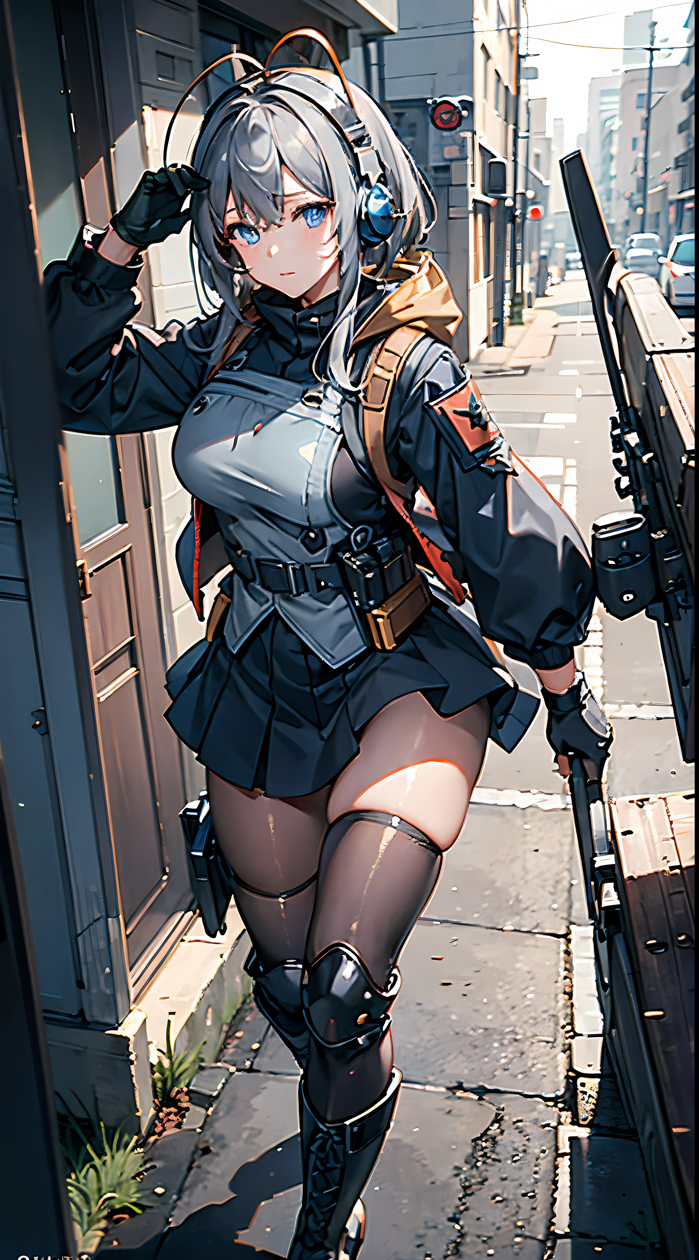 best quality,masterpiece,1girl,solo,solo focus,hasuki,gloves,antenna hair,headphones,headset,armband,load bearing vest,boots,skirt,blue eyes,camouflage,knee pads,shorts,hood,uniform,jacket,military uniform,looking at viewer,simple background,closed mouth,grey hair,pantyhose