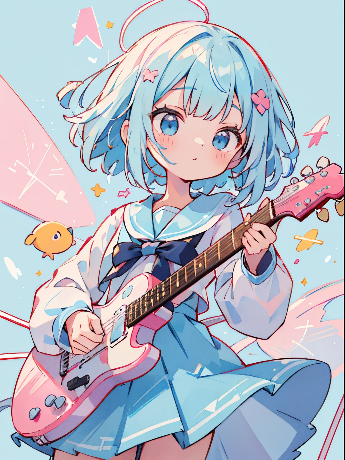 bsurd, high resolution, (handwriting tone:1.1), ((mastepiece)), (best quality), (super detailed), (beautiful), beautiful face, (lift-up), cute girl, guitar, ((have a guitar)) light blue hair, bob hair, light blue eyes, delicate eyes, (band, guitar, pink guitar) light blue sailor suit, light blue skirt, pink ribbon, light blue background、Background Simple