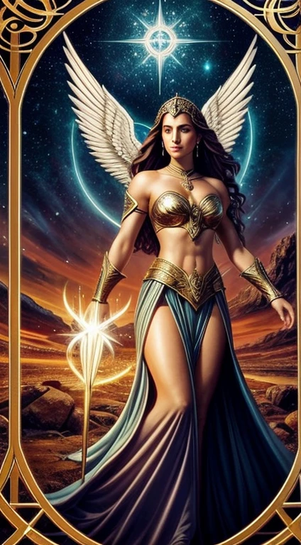 Imagina uma cena celestial onde uma entidade divina masculino, magnificent and powerful, paira acima dos reinos. This entity is a being of pure beauty and strength, cercado por um esplendor de espadas e escudos, raios e fogo. **Detailed description:** 1. **Forma Majestosa:** The entity presents itself in a magnificent form, with an appearance that combines celestial beauty with an aura of authority. Your garments are made of divine materials, Flowing around her like ethereal flames. 2. **Espadas Eternas:** Ao seu redor, a circle of swords floats, cada uma delas uma obra-prima celestial. They emanate an intense light and are adorned with runes that pulse with power.. Each sword represents a unique ability or facet of the entity. 3. **Escudos Protetores:** Escudos majestosos, adorned with divine symbols, formam uma barreira protetora ao redor da entidade. Each shield is an emblem of impenetrable defense, criando uma aura de invulnerabilidade. 4. **Raios Celestiais:** Raios de luz dourada emanam da entidade, illuminating the space around you. These rays not only add a celestial touch to the scene, but they also represent the unparalleled power she holds over the divine forces of light. 5. **Chamas de Poder:** Fire dances around the entity, but it is not a fire of destruction. They are ethereal flames, symbols of purification and renewal. Elas queimam com intensidade, representando o poder ardente que a entidade possui para purificar e transformar. 6. **Olhos Radiantes:** Os olhos da entidade brilham com uma luz intensa, refletindo a sabedoria e o poder infinito. They have the ability to see beyond appearances, penetrando nas verdades mais profundas do universo. This divine entity of war is a vision of transcendental beauty and supreme power, perfectly balancing the mastery of swords and shields, raios e fogo. Your presence is a symphony of strength and grace, a divine representation of a being who rules over the kingdoms