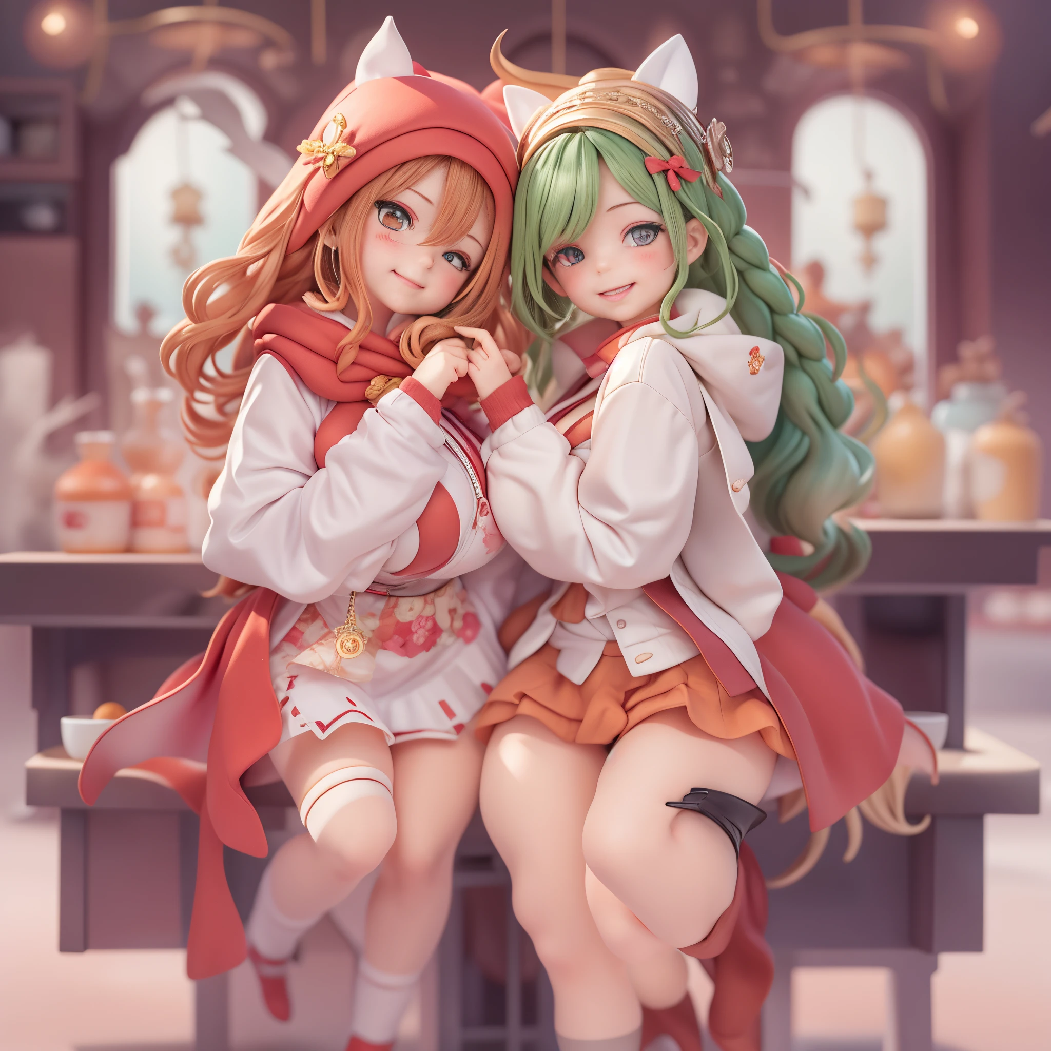 (tmasterpiece), (Better quality), (ultra - detailed), (Full body lesbian: 1.2) A five-year-old girl, （chibi anime），little girl in red robe，(((Cute big breasts)))littleredridinghood，（pale brown hair，Delicate braids，double braid），full bodyesbian，Full body lesbian，she hugged：The bar is filled with fruit，（fully body photo：1.4），（dressed in：Sophisticated red hooded dress，red head band, red long skirt，laced dress，White  socks，Black leather shoes，(Complicated details:1.1), ），Eye depiction，Exquisite Hair，Bubble Mart Blind Box，（1 person：1.6），Clay texture，Step on the ground，Light and delicate, clear smile, Full body lesbian：3， multicolour hair, short, far away, Funk, modern, modern accessories, simple backgound，Pastel tonal background , Colorful and simple，Add a base，3 head body，