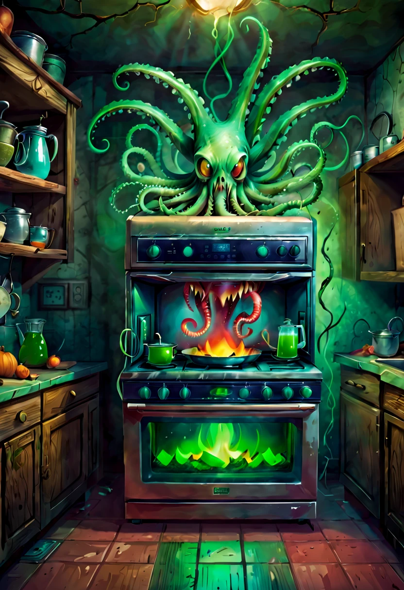 As an illustrator，I&#39;m going to draw you an illustration of a weird kitchen appliance.。I will analyze the topic in detail，and highlights the weirdness of kitchen appliances，With a western spooky atmosphere，Blending horror at the same time、Humor and cute elements。I will analyze and describe the details step by step，Strive to create unique and innovative effects，Make illustrations full of personality and imagination。 Above all，I will select several common kitchen appliances as the main elements，For example, refrigerator、microwave oven、Blender etc.。These appliances will be brought to life，Looks like a ghost with a soul。 The refrigerator is the centerpiece of the illustration，Its appearance will be transformed to be more scary and weird。I&#39;ll make the refrigerator door twist，As if being opened in reverse，Revealing a dark interior。There will be a pair of big eyes on the refrigerator，Eyes dark and scary，Emit green light。There will be cracks and dents on the exterior of the refrigerator，Gives people an old and dilapidated feel。 The microwave oven will be given a weird expression。The numbers and buttons on its control panel become distorted，As if jumping randomly。After the microwave door is opened，There will be a fluorescent green mist inside，Exudes an eerie glow。A long arm extends from the inside of the microwave，Fingers bent like claws。 The blender is a cute element in the entire illustration，But also with horrific details。The blender will have a charming smiling face，But there are sharp teeth in the mouth。Its stirring rod turns into long tentacles，like an octopus，moving around。 The tone of the entire illustration is mainly dark，Paired with a ghostly green glow and some blood red details，Create a scary and unique atmosphere。In the background，You can add some shadows、Dim lights and shabby walls，Further enhance the sense of terror。 Except for the appliance itself，I will also add some small details to the illustrations，Such as cracks in kitchen tiles、faded wallpaper on wall、Stains on the floor, etc.。These details will make the entire illustration more real and vivid。 Enfim，I will use innovative painting styles and painting techniques，By the line、Shades and textures to express the quirkiness and humor of appliances。I will try to highlight the characteristics of each element as much as possible，Make illustrations full of personality and creativity。