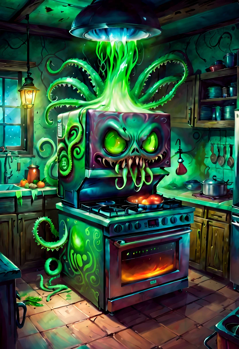 As an illustrator,I'm going to draw you an illustration of a weird kitchen appliance.。I will analyze the topic in detail,and highlights the weirdness of kitchen appliances,With a western spooky atmosphere,Blending horror at the same time、Humor and cute elements。I will analyze and describe the details step by step,Strive to create unique and innovative effects,Make illustrations full of personality and imagination。 Above all,I will select several common kitchen appliances as the main elements,For example, refrigerator、microwave oven、Blender etc.。These appliances will be brought to life,Looks like a ghost with a soul。 The refrigerator is the centerpiece of the illustration,Its appearance will be transformed to be more scary and weird。I'll make the refrigerator door twist,As if being opened in reverse,Revealing a dark interior。There will be a pair of big eyes on the refrigerator,Eyes dark and scary,Emit green light。There will be cracks and dents on the exterior of the refrigerator,Gives people an old and dilapidated feel。 The microwave oven will be given a weird expression。The numbers and buttons on its control panel become distorted,As if jumping randomly。After the microwave door is opened,There will be a fluorescent green mist inside,Exudes an eerie glow。A long arm extends from the inside of the microwave,Fingers bent like claws。 The blender is a cute element in the entire illustration,But also with horrific details。The blender will have a charming smiling face,But there are sharp teeth in the mouth。Its stirring rod turns into long tentacles,like an octopus,moving around。 The tone of the entire illustration is mainly dark,Paired with a ghostly green glow and some blood red details,Create a scary and unique atmosphere。In the background,You can add some shadows、Dim lights and shabby walls,Further enhance the sense of terror。 Except for the appliance itself,I will also add some small details to the illustrations,Such as cracks in kitchen tiles、faded wallpaper on wall、Stains on the floor, etc.。These details will make the entire illustration more real and vivid。 Enfim,I will use innovative painting styles and painting techniques,By the line、Shades and textures to express the quirkiness and humor of appliances。I will try to highlight the characteristics of each element as much as possible,Make illustrations full of personality and creativity。