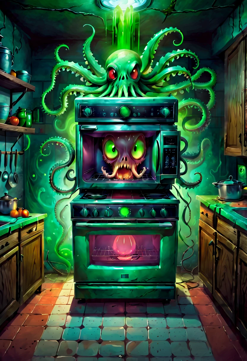 As an illustrator,I'm going to draw you an illustration of a weird kitchen appliance.。I will analyze the topic in detail,and highlights the weirdness of kitchen appliances,With a western spooky atmosphere,Blending horror at the same time、Humor and cute elements。I will analyze and describe the details step by step,Strive to create unique and innovative effects,Make illustrations full of personality and imagination。 Above all,I will select several common kitchen appliances as the main elements,For example, refrigerator、microwave oven、Blender etc.。These appliances will be brought to life,Looks like a ghost with a soul。 The refrigerator is the centerpiece of the illustration,Its appearance will be transformed to be more scary and weird。I'll make the refrigerator door twist,As if being opened in reverse,Revealing a dark interior。There will be a pair of big eyes on the refrigerator,Eyes dark and scary,Emit green light。There will be cracks and dents on the exterior of the refrigerator,Gives people an old and dilapidated feel。 The microwave oven will be given a weird expression。The numbers and buttons on its control panel become distorted,As if jumping randomly。After the microwave door is opened,There will be a fluorescent green mist inside,Exudes an eerie glow。A long arm extends from the inside of the microwave,Fingers bent like claws。 The blender is a cute element in the entire illustration,But also with horrific details。The blender will have a charming smiling face,But there are sharp teeth in the mouth。Its stirring rod turns into long tentacles,like an octopus,moving around。 The tone of the entire illustration is mainly dark,Paired with a ghostly green glow and some blood red details,Create a scary and unique atmosphere。In the background,You can add some shadows、Dim lights and shabby walls,Further enhance the sense of terror。 Except for the appliance itself,I will also add some small details to the illustrations,Such as cracks in kitchen tiles、faded wallpaper on wall、Stains on the floor, etc.。These details will make the entire illustration more real and vivid。 Enfim,I will use innovative painting styles and painting techniques,By the line、Shades and textures to express the quirkiness and humor of appliances。I will try to highlight the characteristics of each element as much as possible,Make illustrations full of personality and creativity。