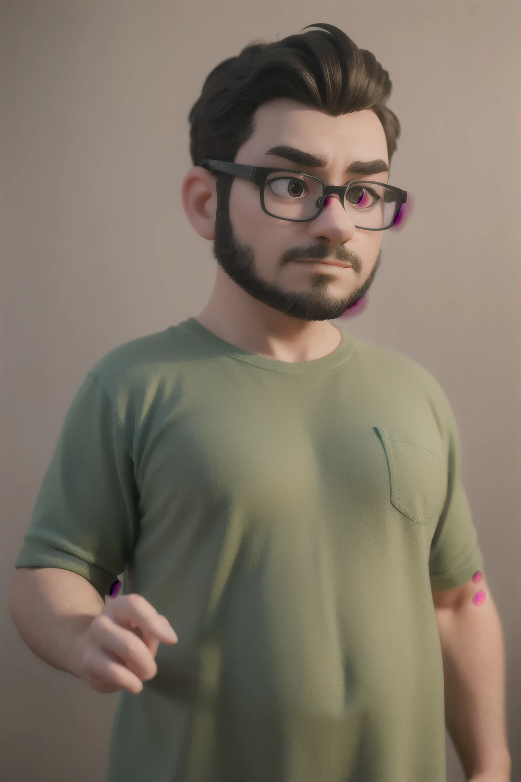 A man with glasses with a dark background in a green shirt and slightly fat and young and with a low beard almost shaved and dark and slightly curly hair