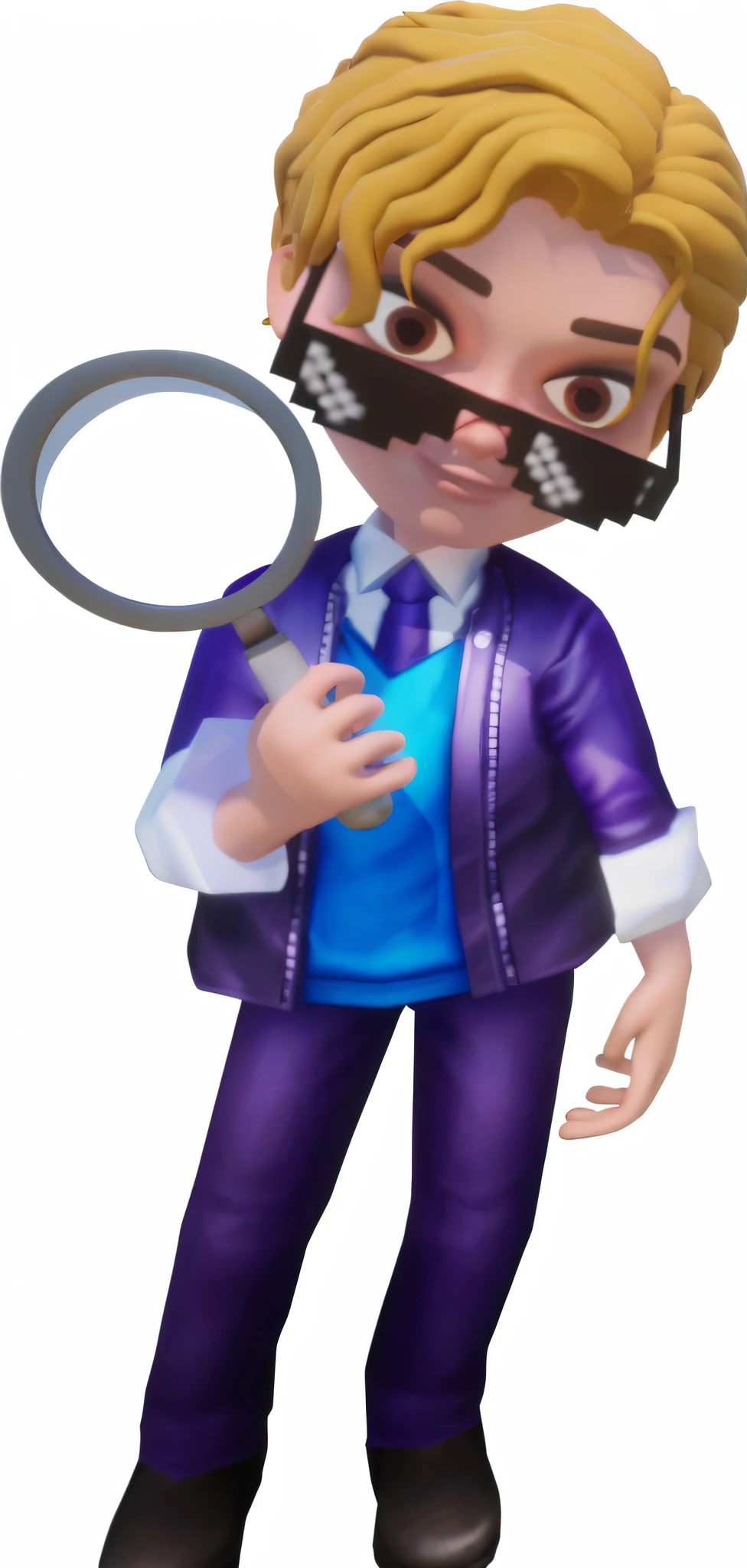 (tmasterpiece, Best quality at best:1.4), (The beautiful, Aesthetic, perfect pubic bone, Exquisite, iintricate:1.2),((Best quality at best)), ((tmasterpiece)), (Detailed pubic hair),(A high resolution:1.2), Close-up of cartoon character holding magnifying glass, Valuigi as a real person, guy in purple coat, detective clothes, stylized characters, cartoony shaders, He wears sunglasses, detective, Octagon rendering, Purple coat, cel shaded pbr
