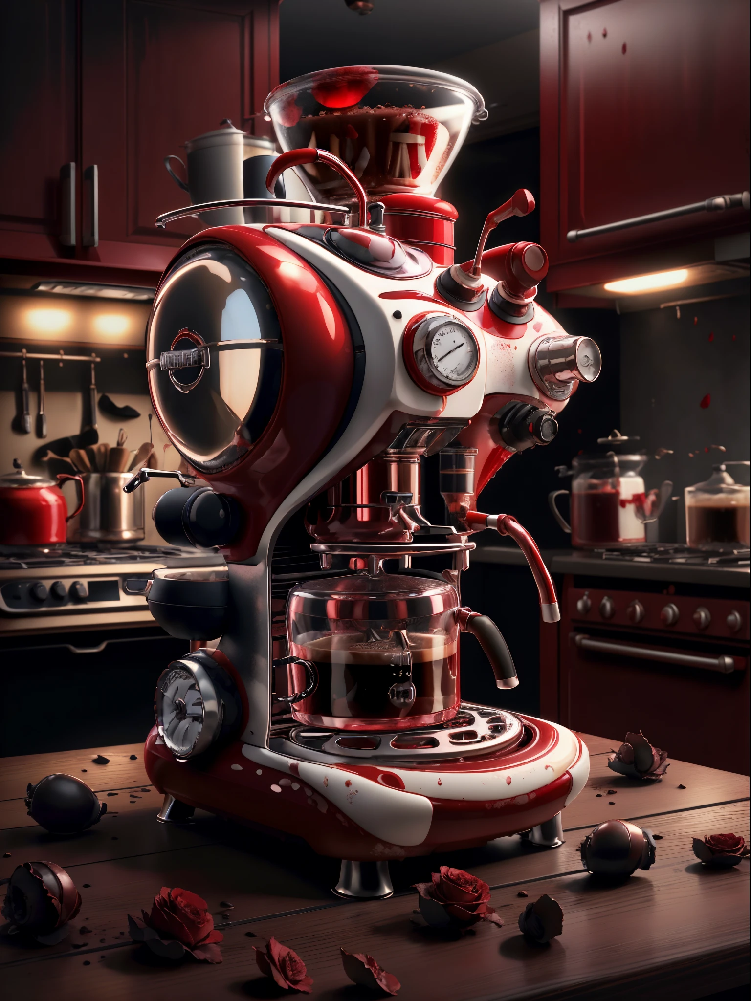 Kitchen appliances，Red coffee machine，Red paint dripping on the outside of the coffee machine，Scattered roses next to it，Spooky atmosphere，电影灯光，Close-up of the shot，Dramatic shadows，Best quality at best，epic，8k wallpaper