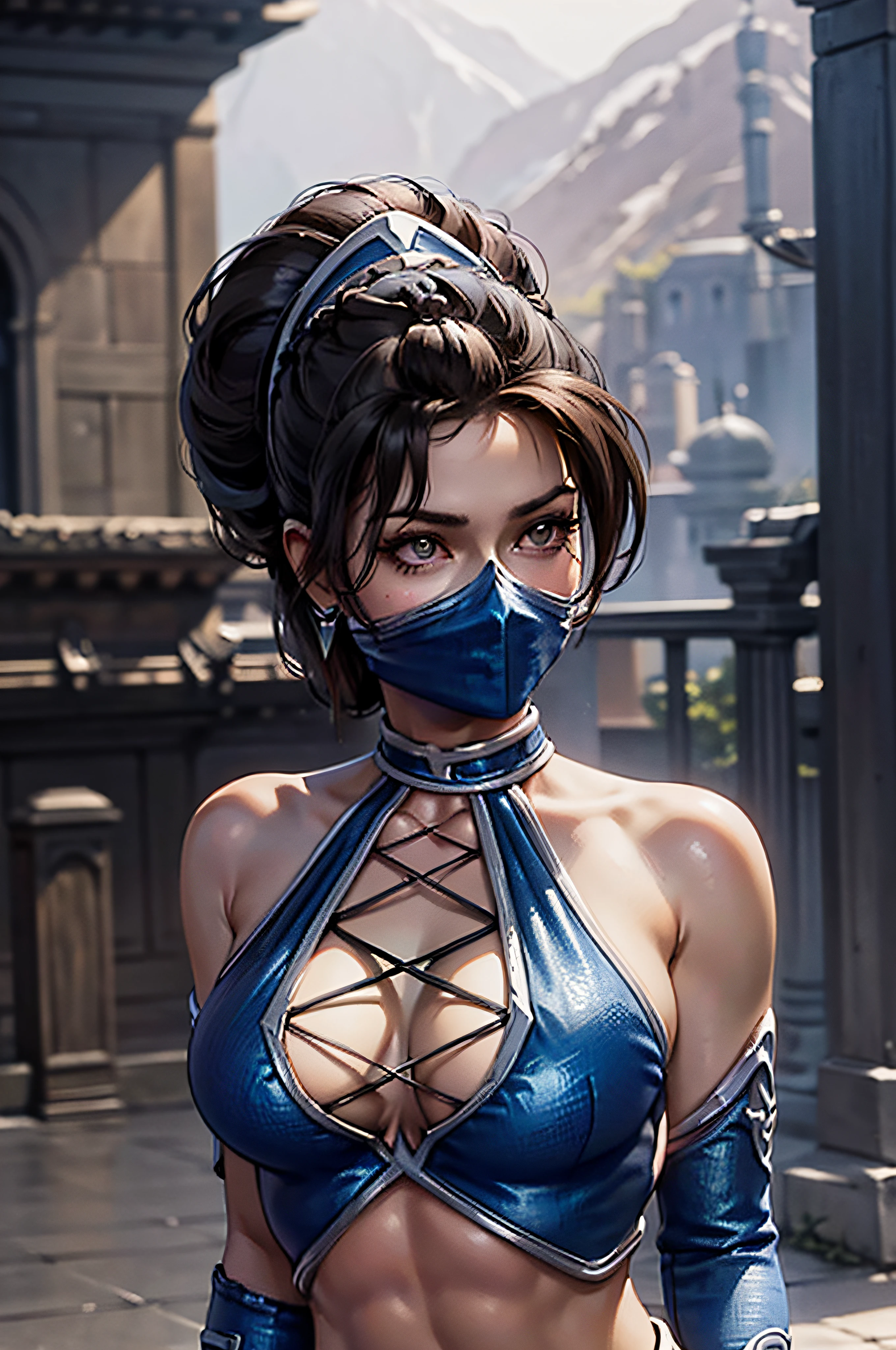 ((face portrait)), (masterpiece), best quality, expressive eyes, perfect face, highres, (ultra details), 1 girl, solo, kitana, braid, thighhighs, hair ornament, eyeshadow, breasts, mask, armor, shoulder armor, elbow gloves, standing, Buddhist temple background, upper body, portrait, looking at the viewer, from frontal