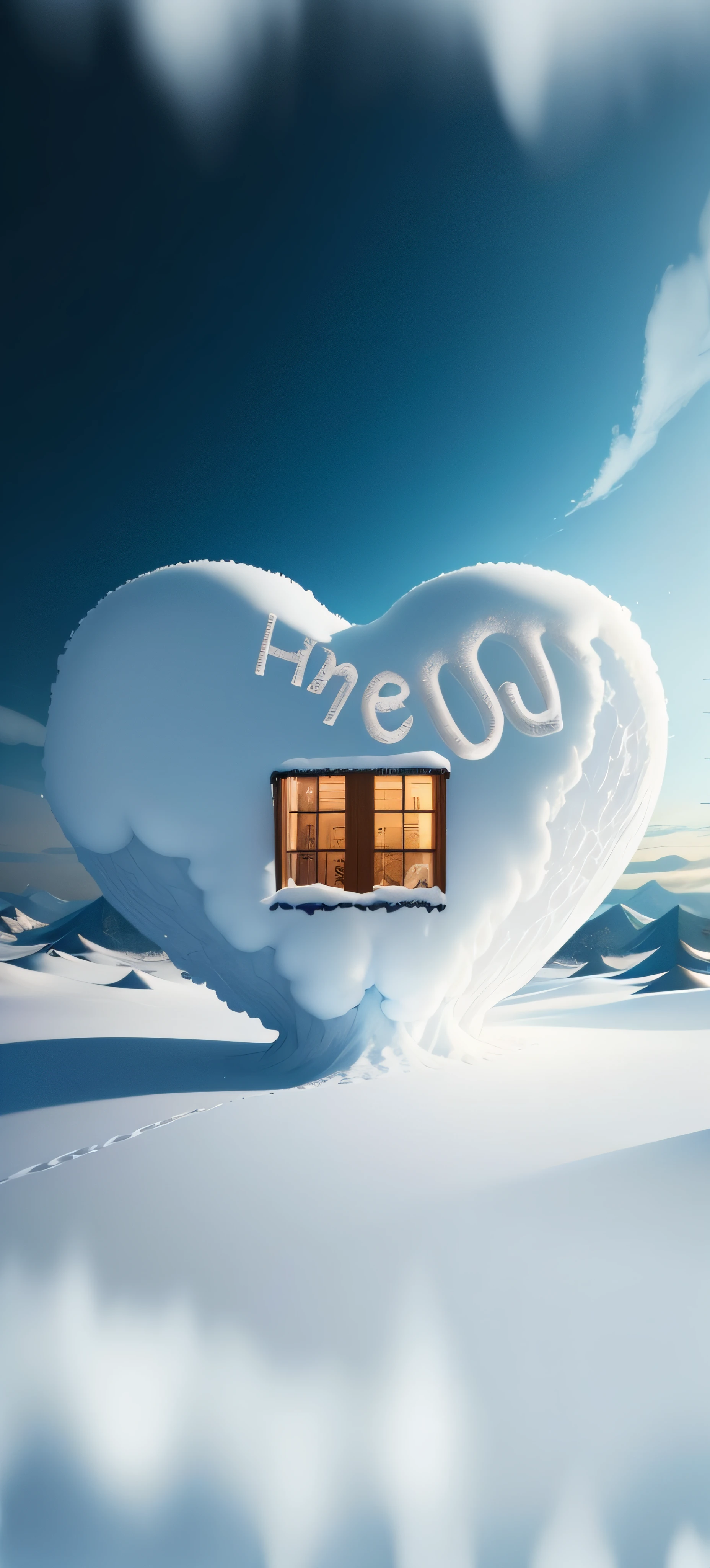 There is a heart-shaped window in the middle of the snow scene, sweet home, There was snow outside the window, Beautiful digital artwork, beautiful digital art, erik johansson style, beatiful house, great great essay, Alexander Kucharsky, illustratio!, 3 0, wallpaper - 1 0 2 4, soft glowing windows, !!The beautiful!!, fantasia de cena de inverno